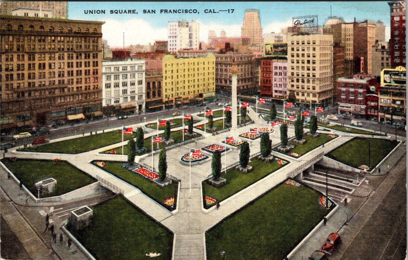 Union Square San Francisco California Dated 1945 Linen Post Card