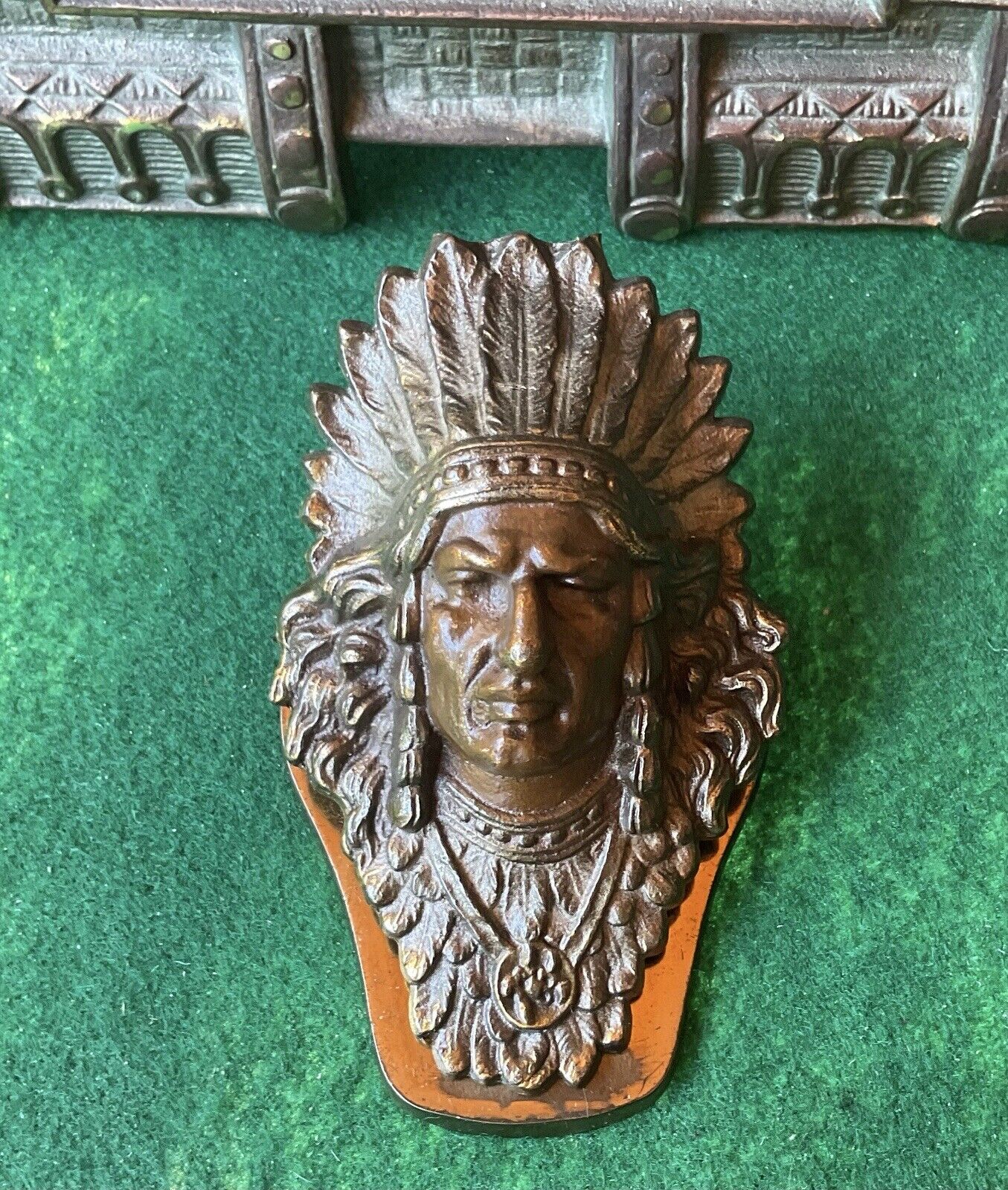 antique bronze Judd desk set paper clip, Native American Indian, Polychrome 5251