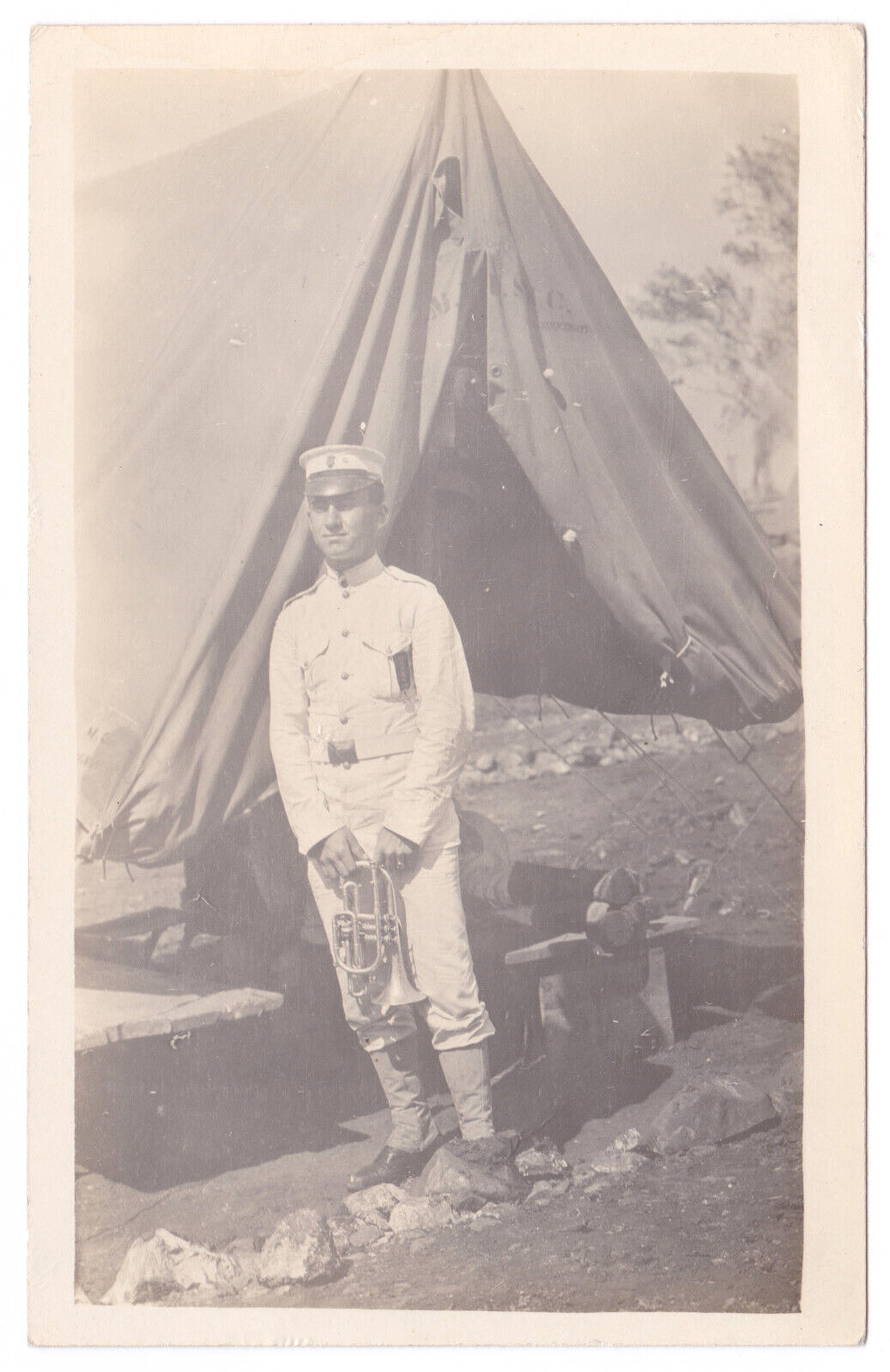 WW1 WWI Military Musician White Uniform Hat Lyre Emblem Cornet Music Tent RPPC