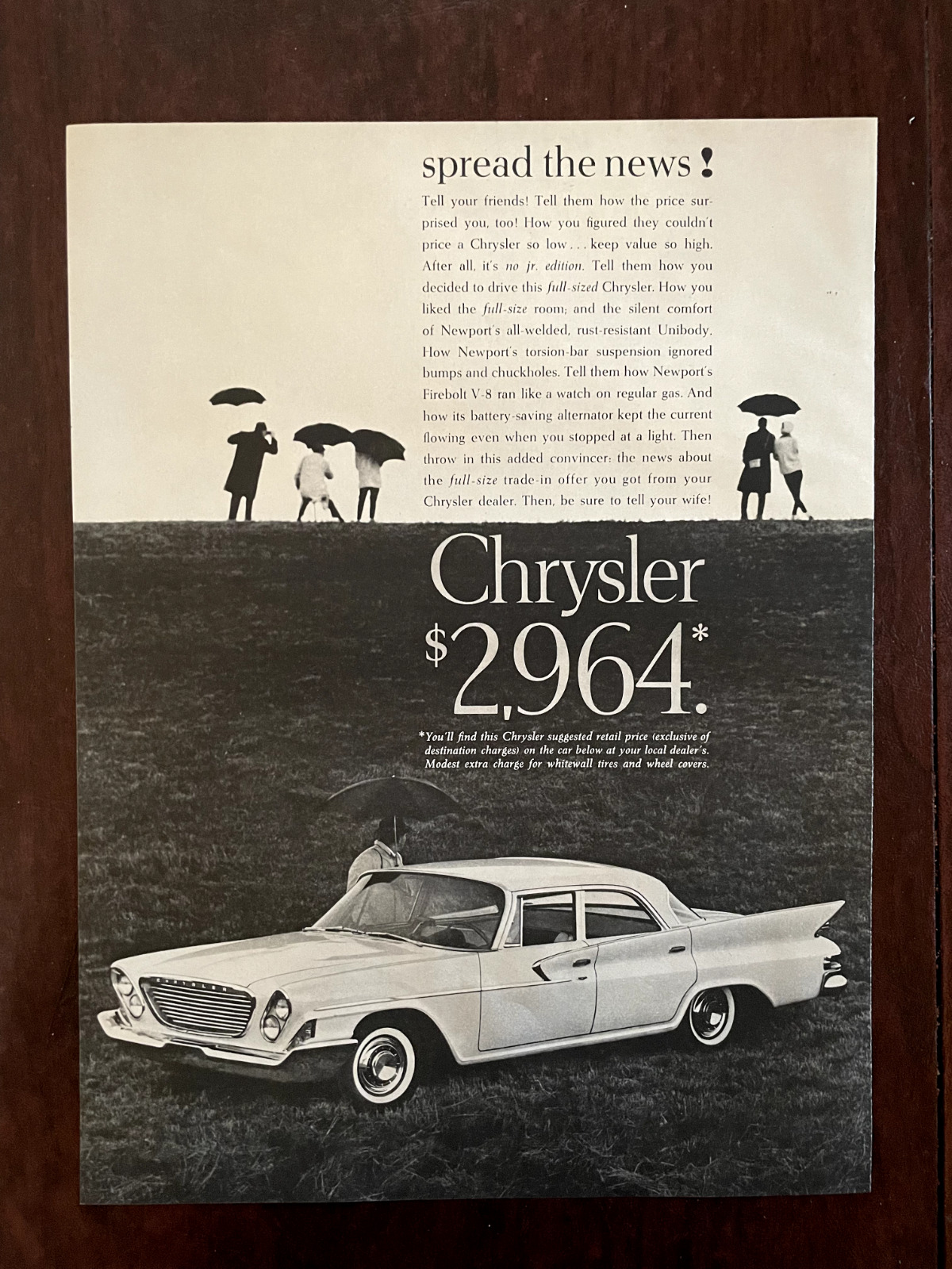 1961 CHRYSLER Newport Vintage Print Ad White Car Whitewall Tires