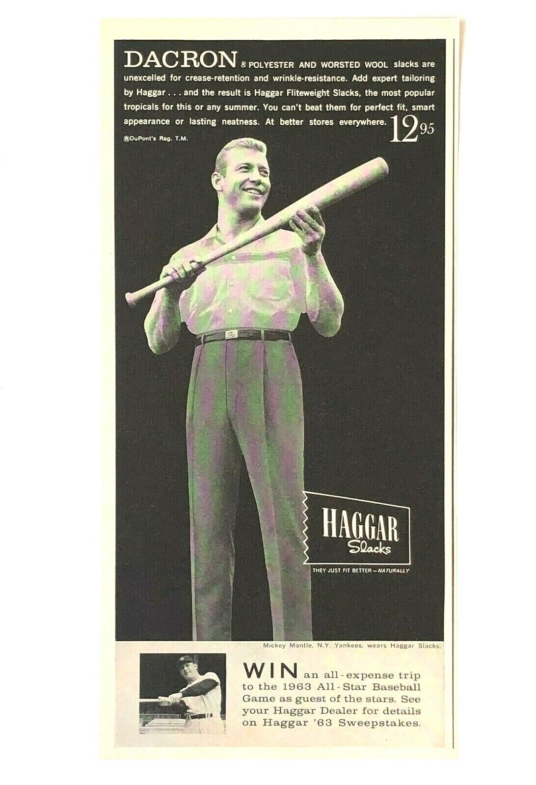1963 Haggar Slacks Advertisement Yankees Mickey Mantle Baseball Bat Vtg Print AD
