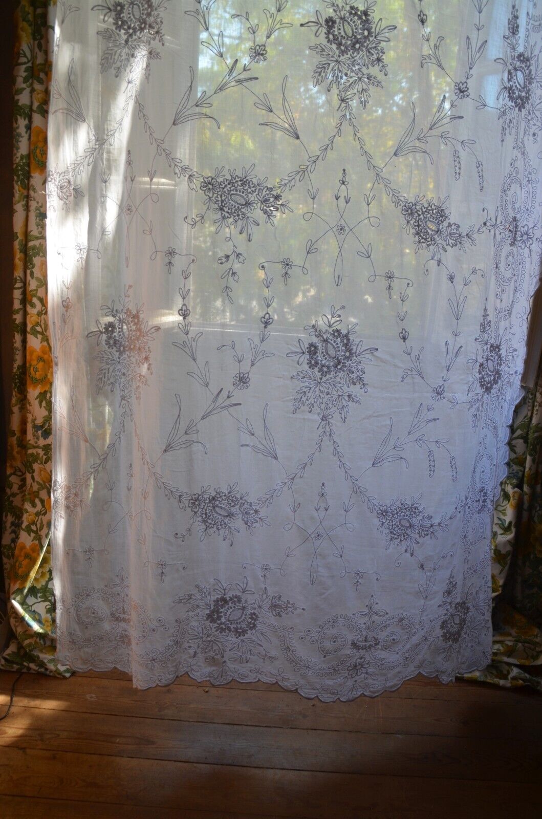 Antique French 19th century Cornelly tambour lace embroidered sheer curtain