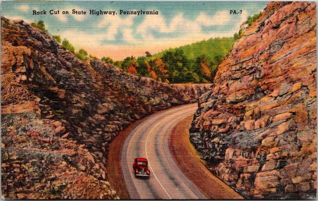 Rock Cut on State Highway PA Antique Car Pennsylvania Vintage Postcard