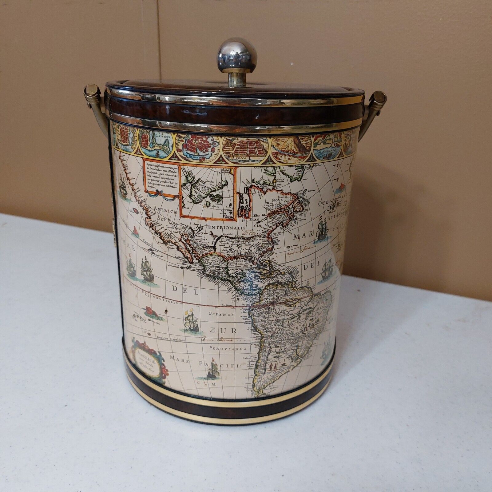 Vintage SHELTON WARE Ice Bucket  Old World Map 1980s Made In USA 5 Quart