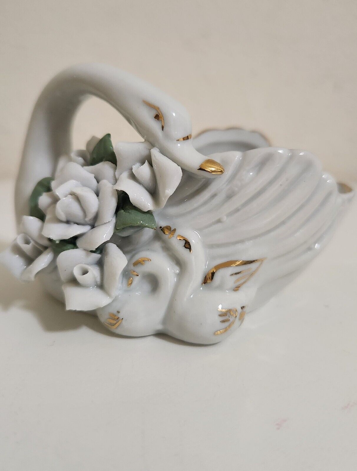 Vintage Porcelain Mom Swan w/ 2 Babies And Flowers Attached to Her Front Side...