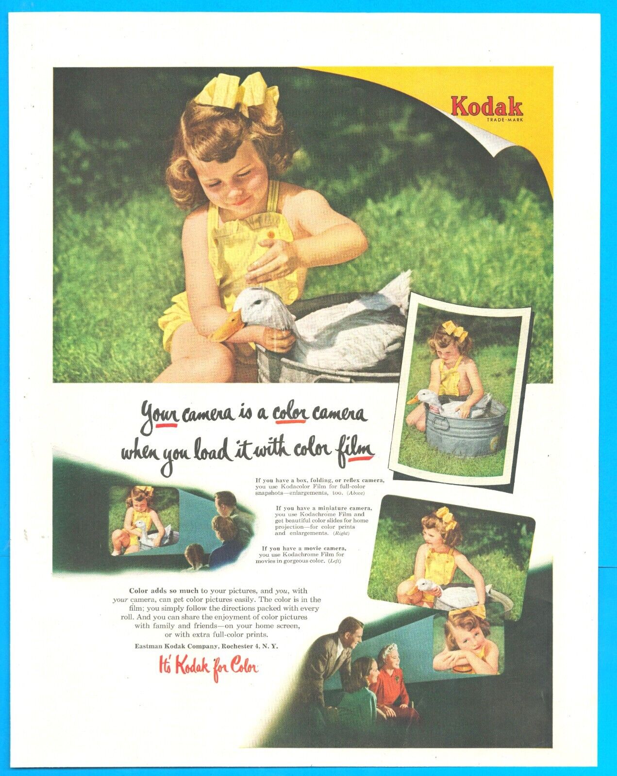 1951 KODAK Camera film duck vintage PRINT AD little girl family pictures photo
