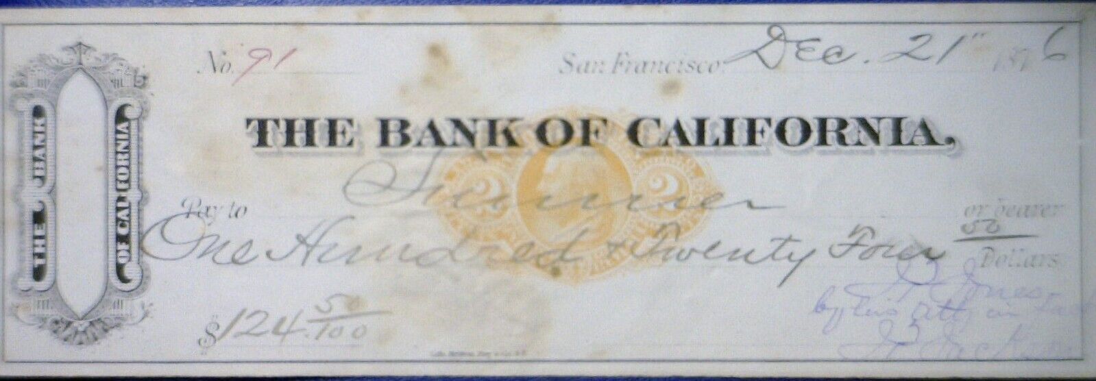 1876 The Bank of California San Francisco CALIFORNIA Check LOT #17  