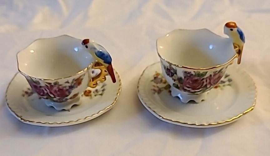 Set of Two Vintage Miniature Cups & Saucers w/Parrot Japan