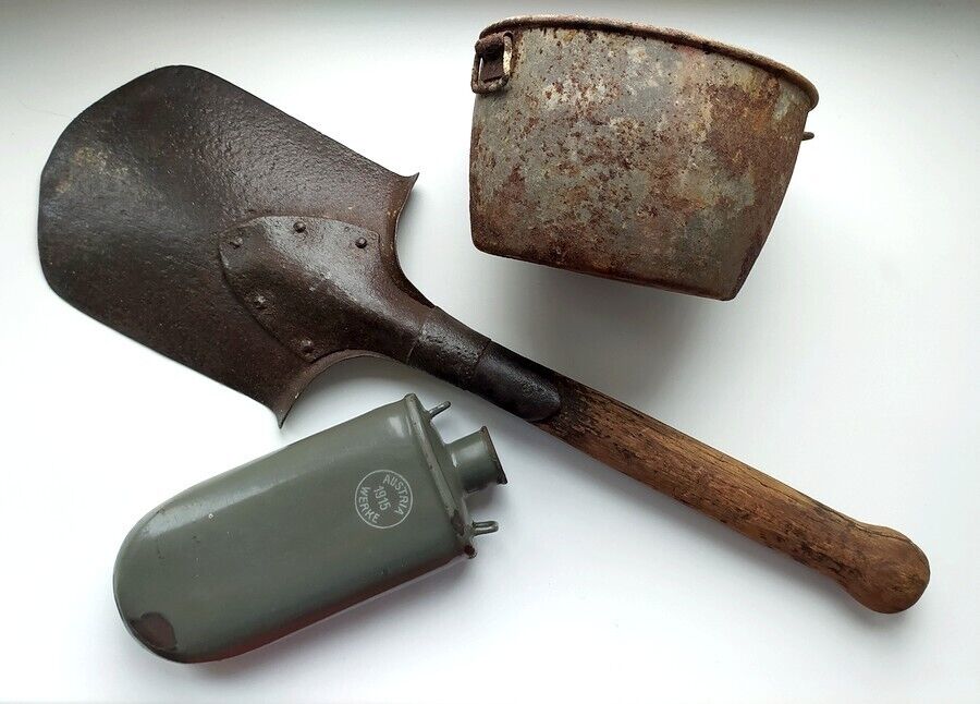 Original Austro-Hungarian shovel, mess kit, canteen lot equipment WW1 Austria