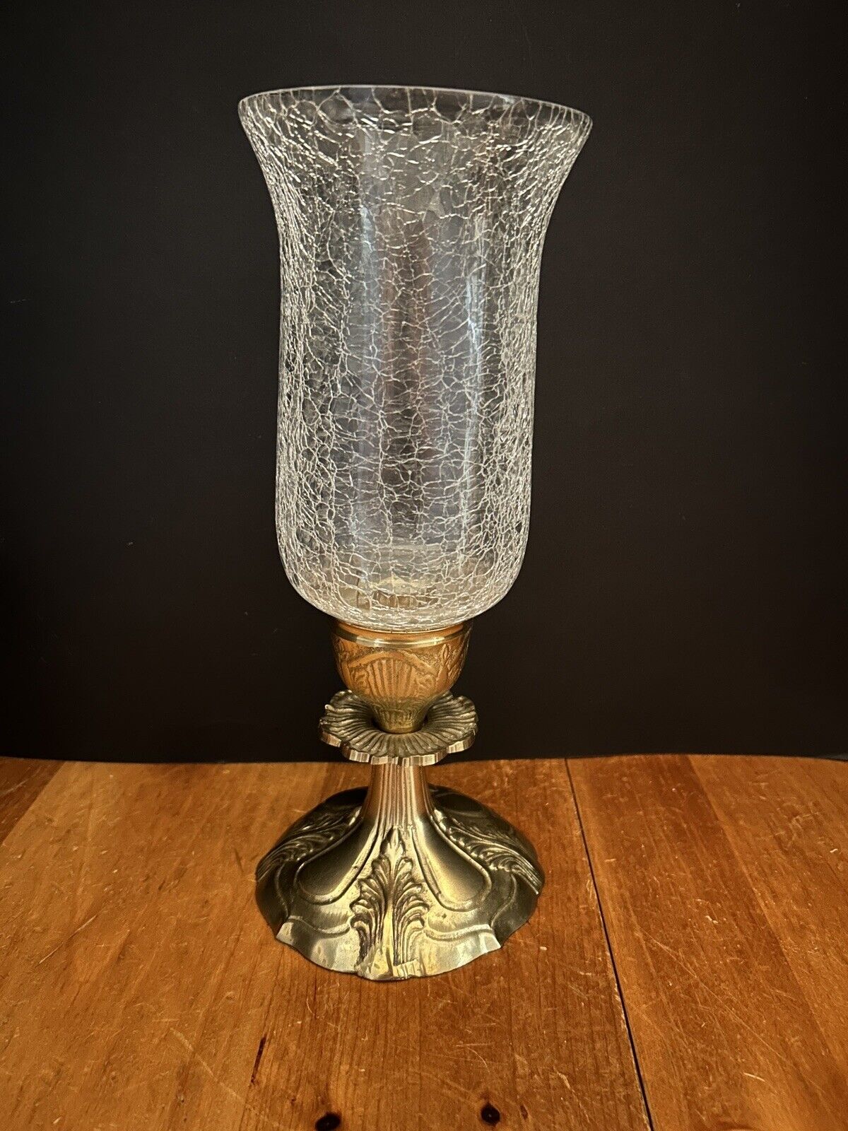 Brass And Crackle Glass Vintage Hurricane Candle Holder