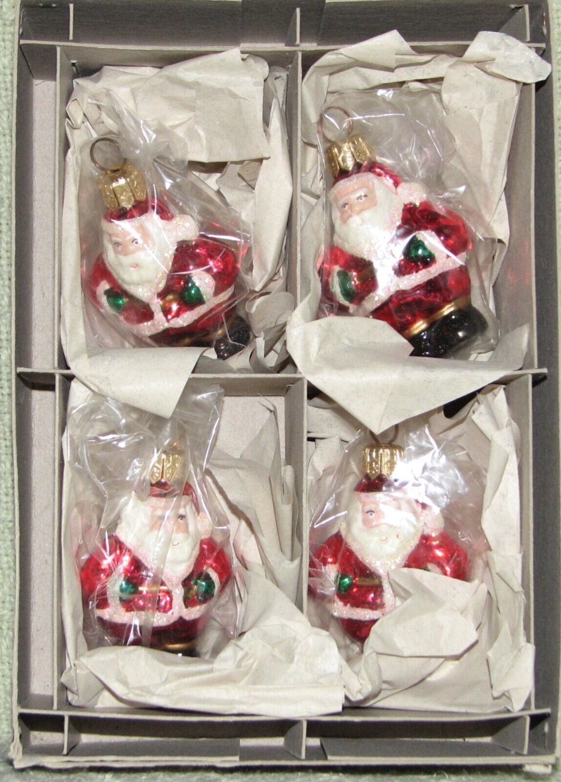 NOS 4 Vintage Poland Santa Christmas Ornaments Glass in Box  NICE