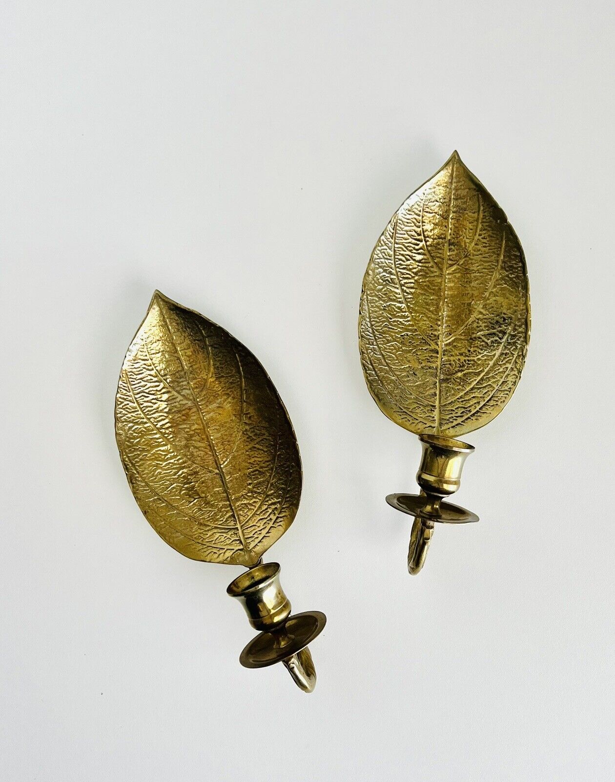 Vintage (2) FRITZ BRASS Leaf Shaped Candle Holders Wall Hanging Sconces 9x4