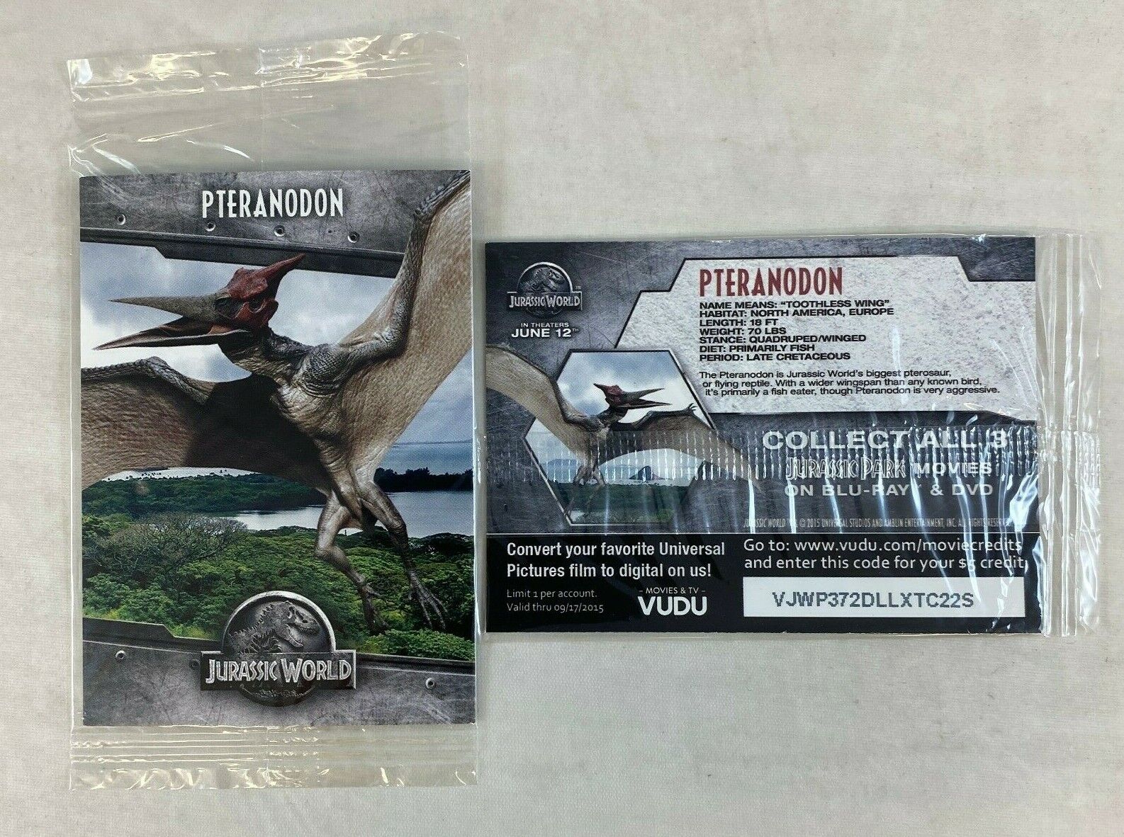 CHEAP PROMO CARD: JURASSIC WORLD 2015 VUDU $5 CREDIT Expired SEALED Pteranodon