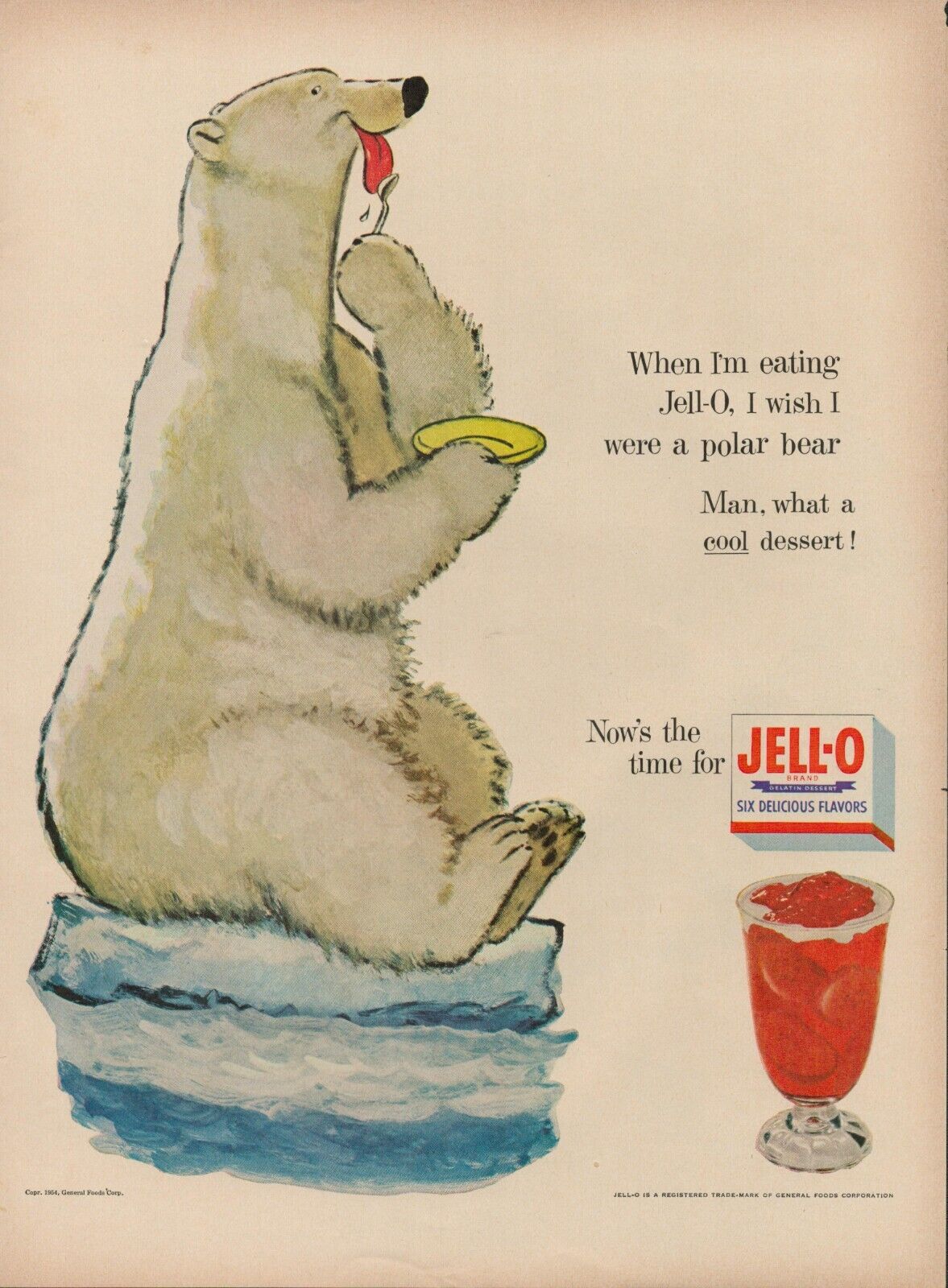1954 Jell-O Dessert Polar Bear Vintage Retro Print Ad Cherry Lime Strawberry