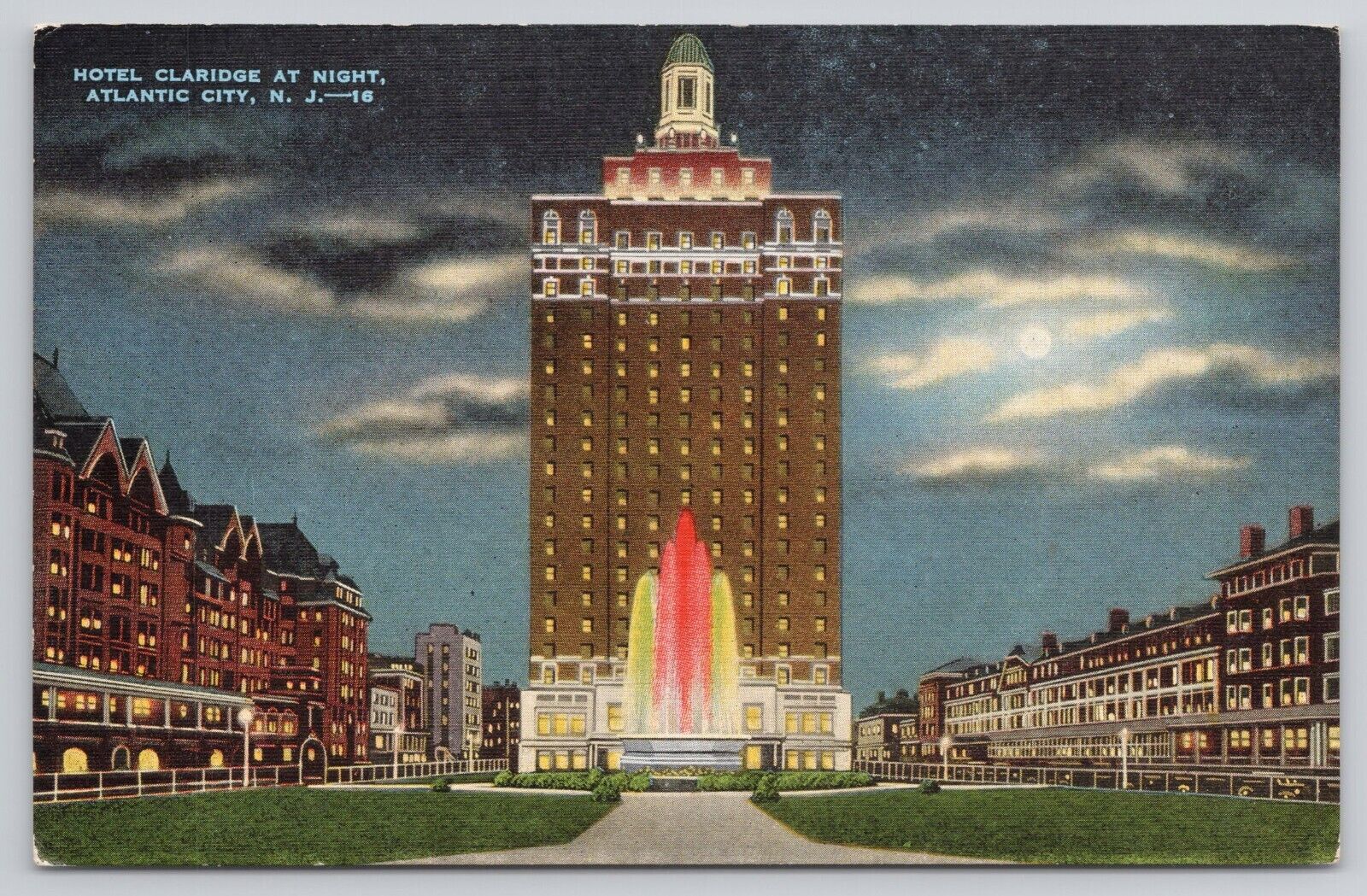 Atlantic City New Jersey NJ Hotel Claridge By Night Moonlight Vintage Postcard