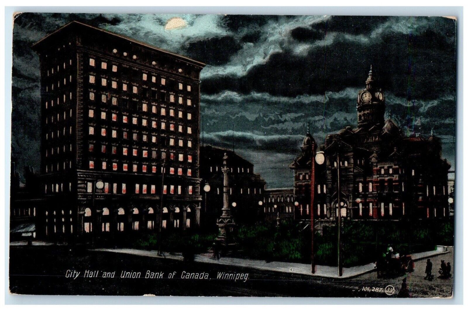 1908 City Hall Union Bank of Canada Winnipeg Manitoba Canada Moonlight Postcard