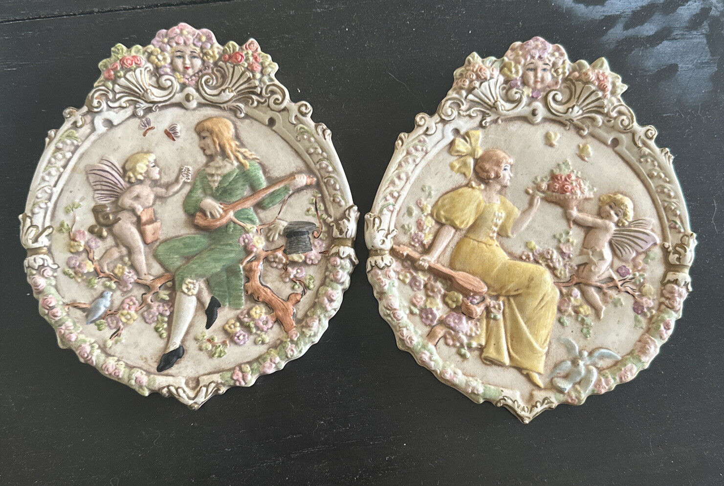 1969 Set Of 2 Fairies Chalkware Man & Woman 7x8” Handmade