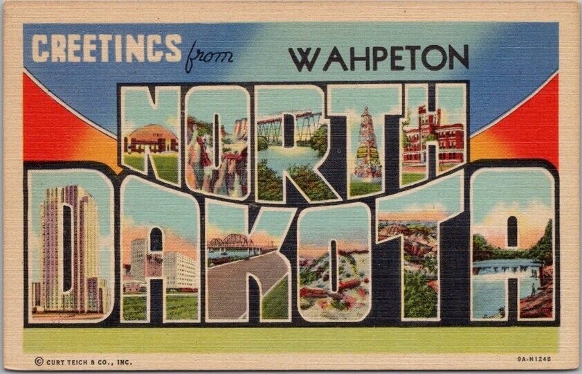 Vintage WAHPETON, NORTH DAKOTA Large Letter Linen Postcard Multi-View / 1939