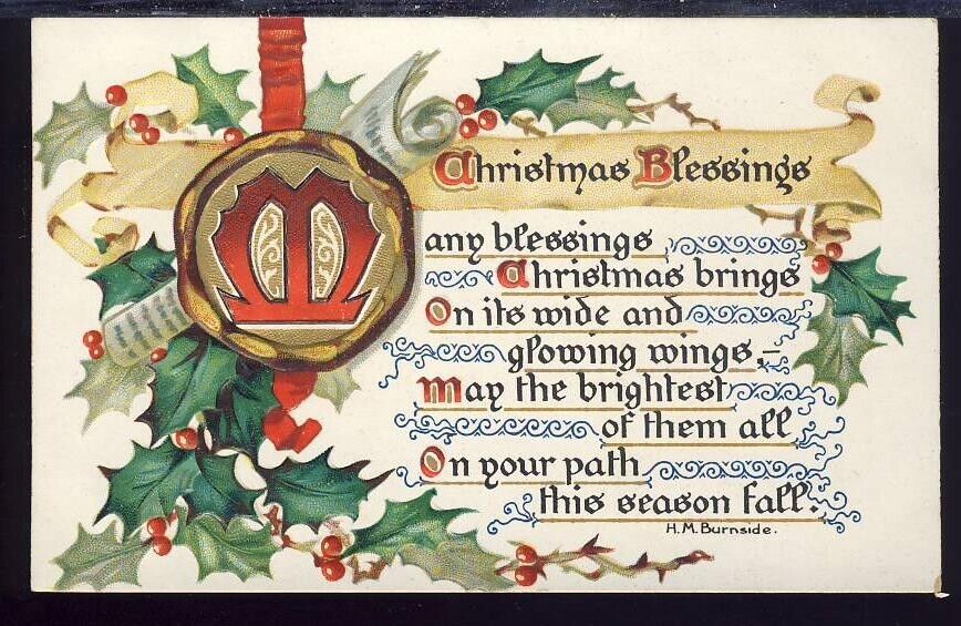 VTG Postcard 1909 Antique Embossed, Christmas Blessings, Raphael Tuck & Sons