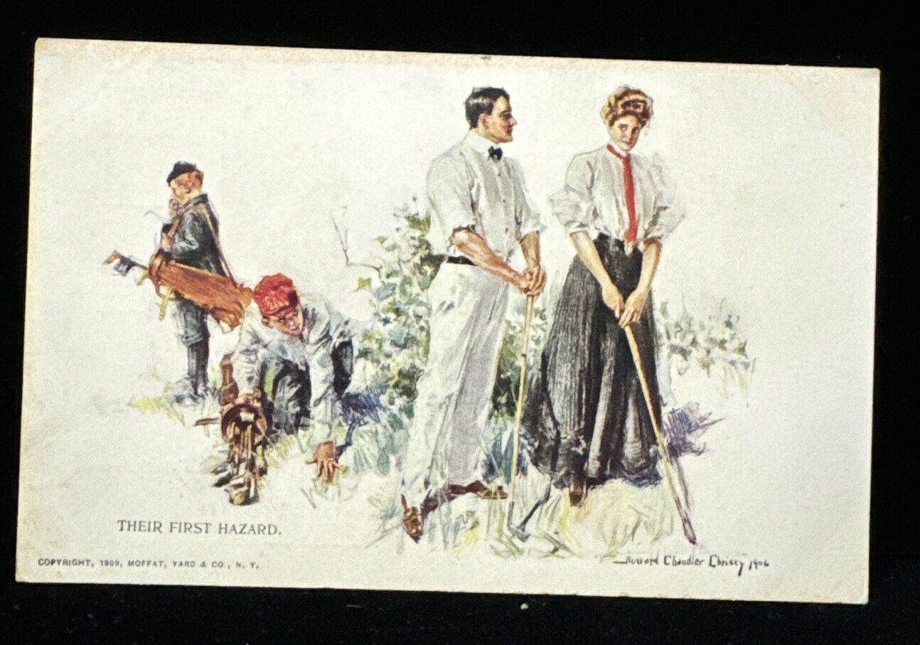 Vtg Postcard 1909 Romantic Couple Golfing Artist signed Howard Chandler Christy