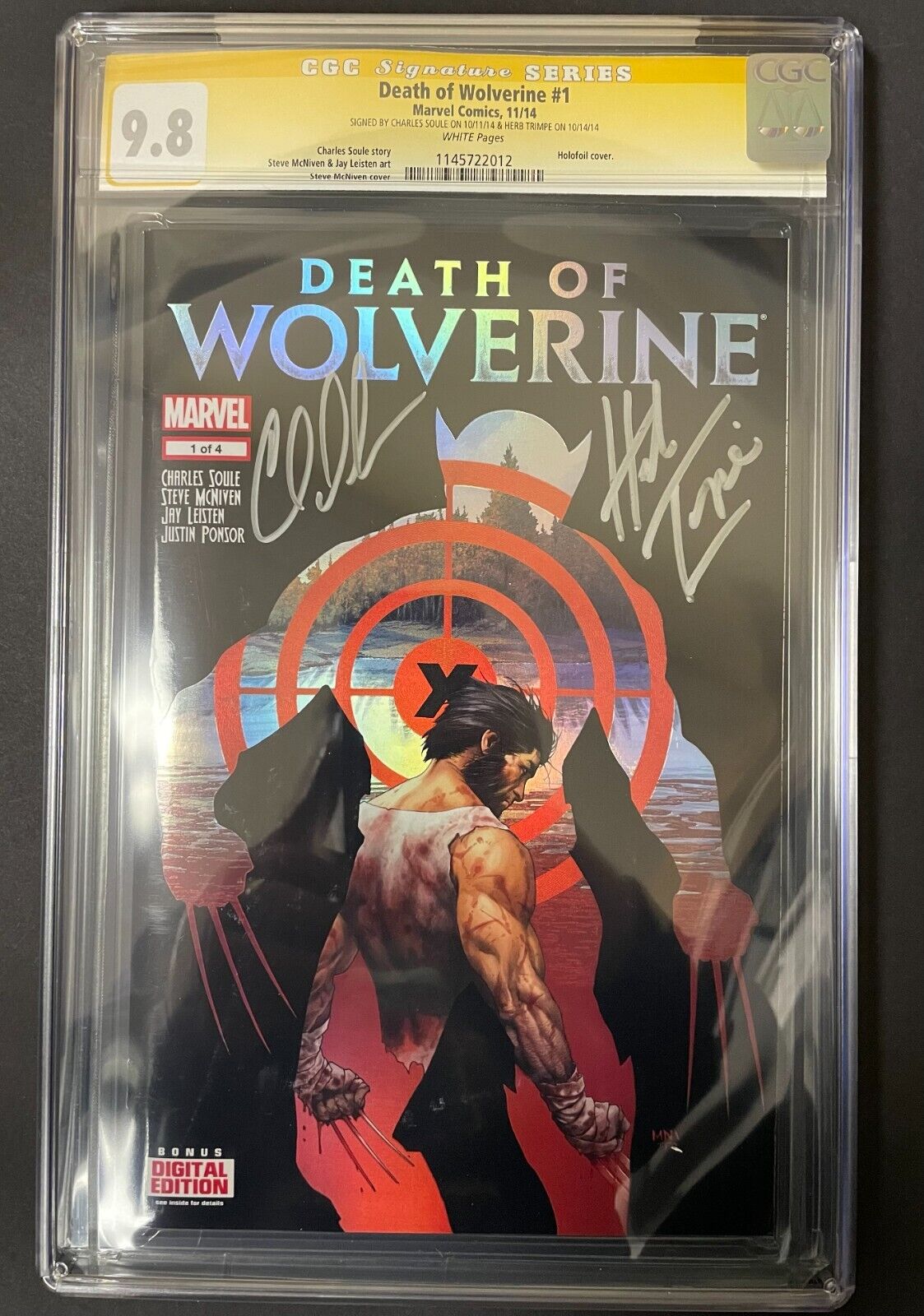 Death of Wolverine #1 CGC 9.8 Holofoil - Signed by Charles Soule and Herb Trimpe