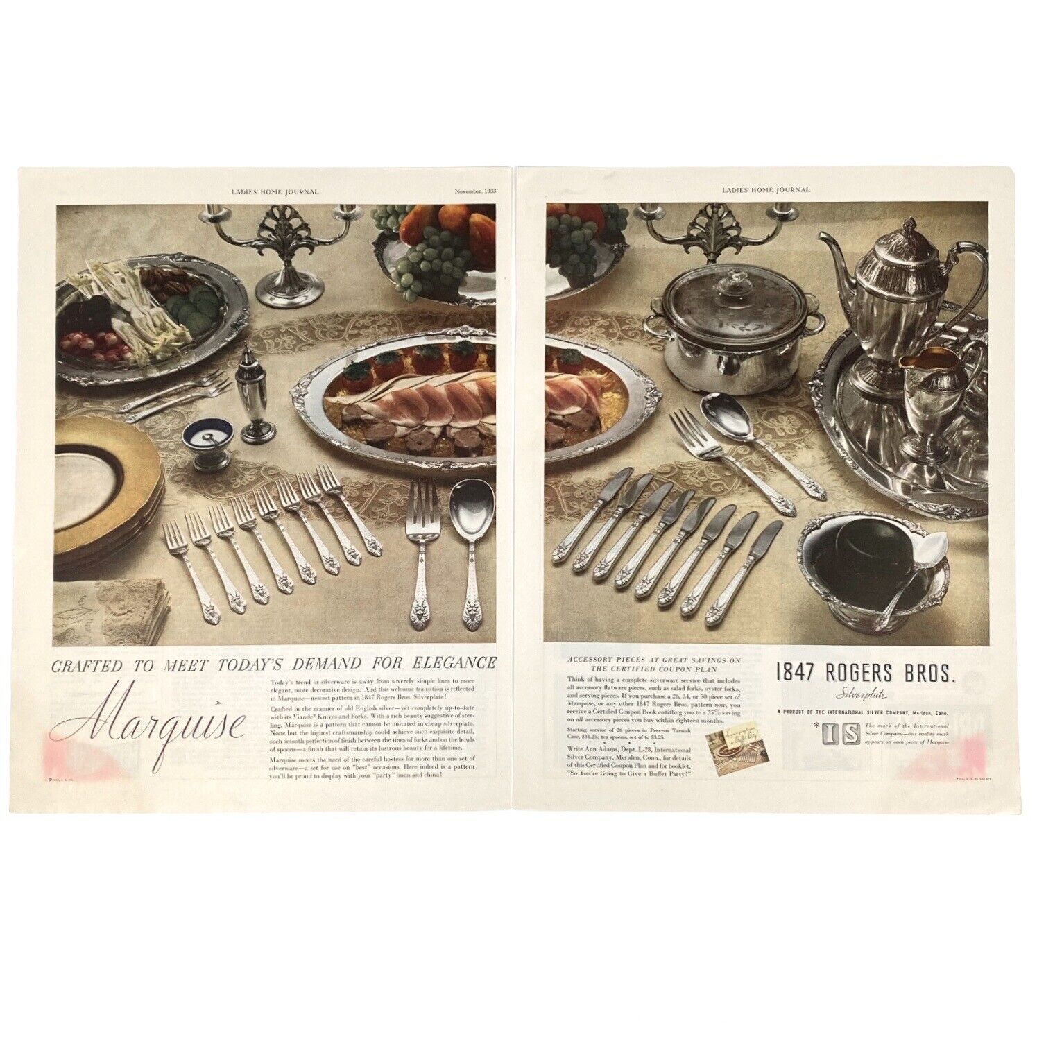 1933 Marquise by 1847 Rogers Vtg 2-Page Print Ad, Flatware, Platter, Tea Service