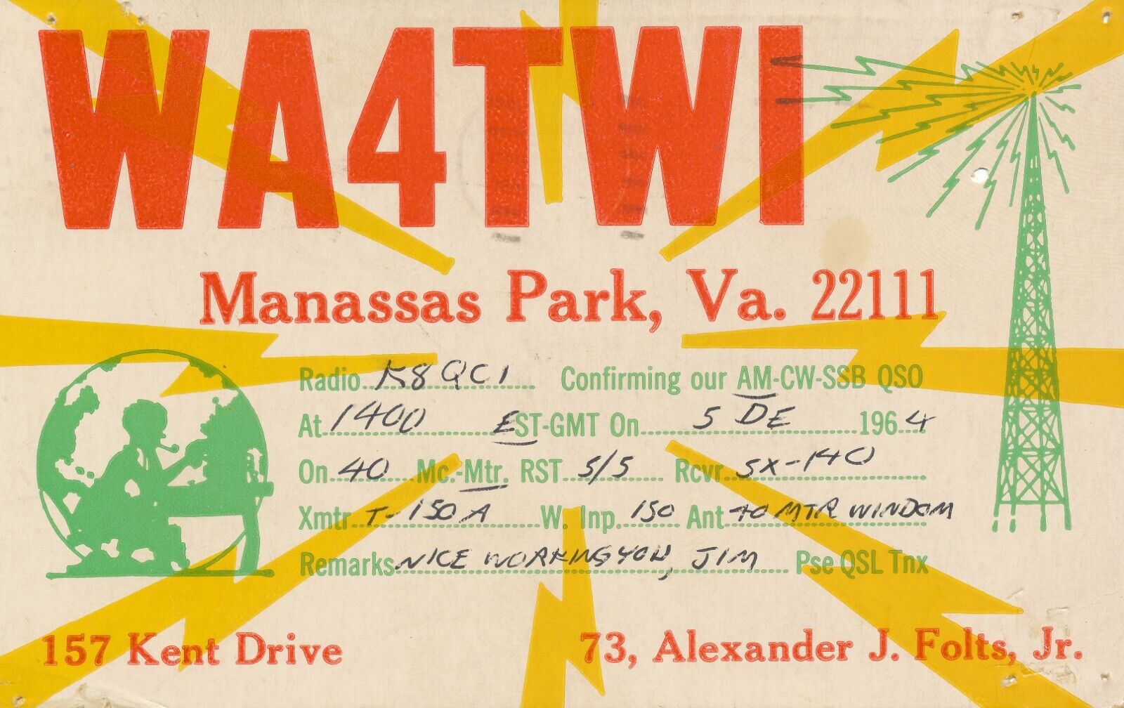 QSL CARD HAM RADIO WA4TWI W4TWI ALEXANDER J. FOLTS JR. MANASSAS PARK, VA  1964