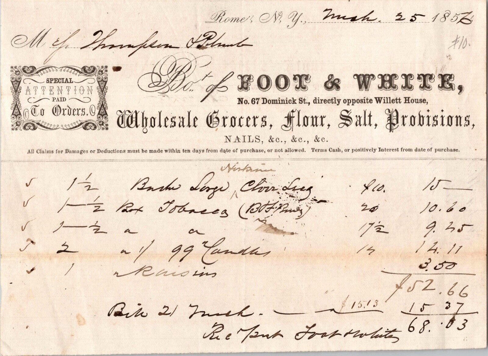 c1856 Foot & White Grocers Rome New York NY Billhead Antique Paper