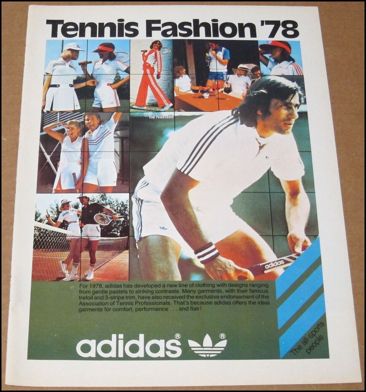 1978 Ilie Nastas Adidas Print Ad Advertisement Tennis Fashion 8.25x10.75 Vintage