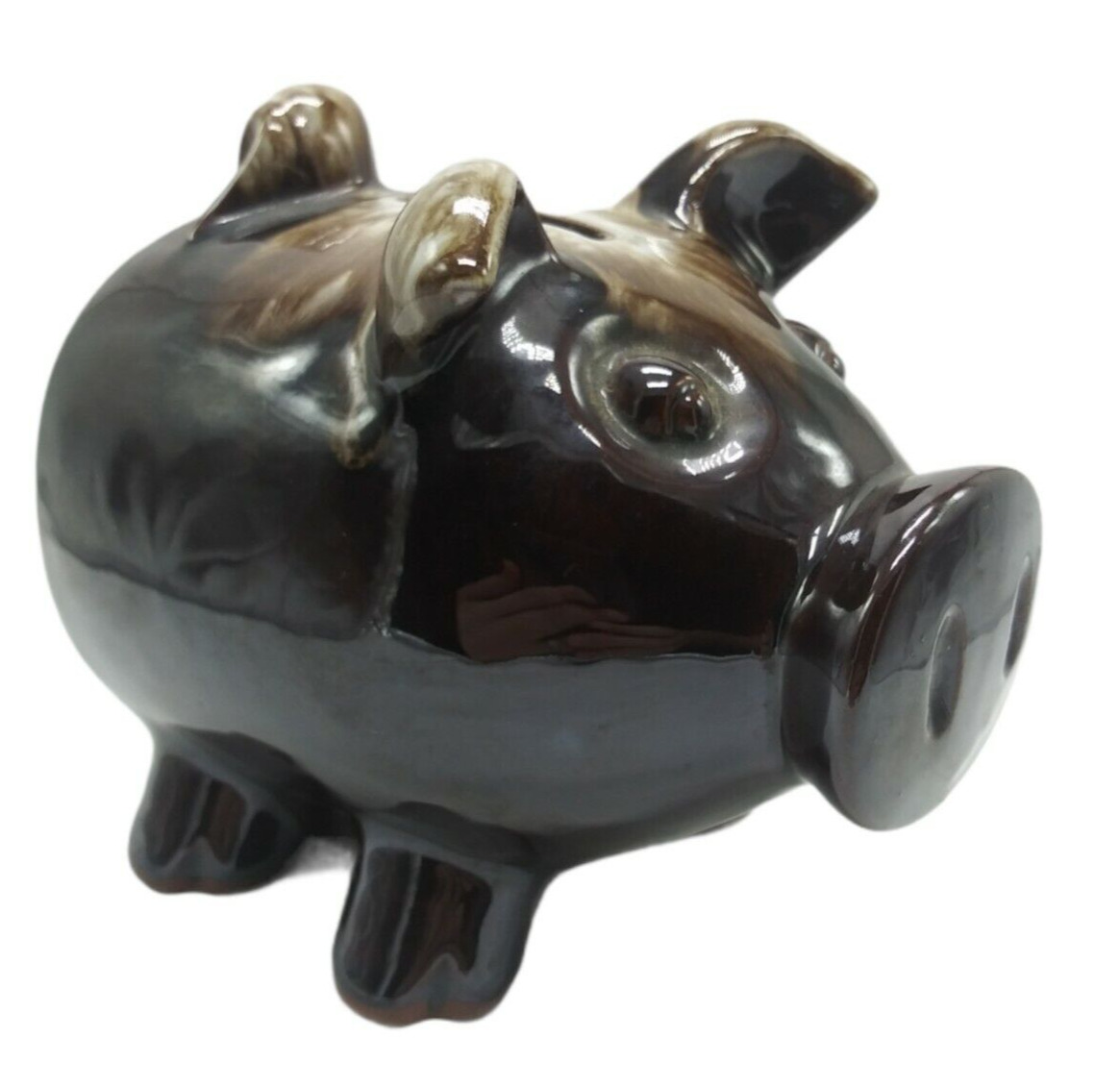 Redware Pottery Pig Bank Figurine Brown Glaze Cork Stopper Vintage