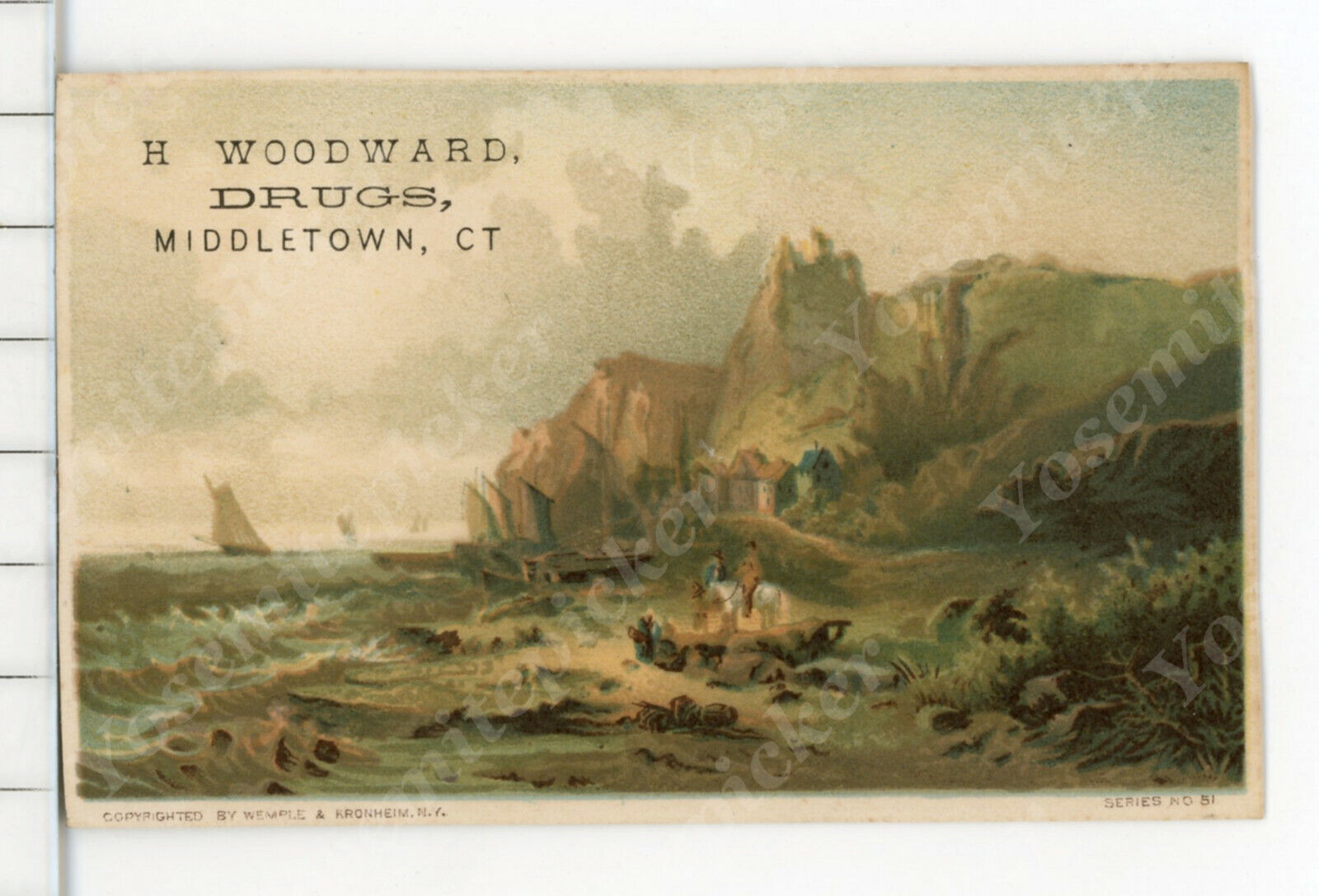 wd3 Trade Card 1890\'s H Woodward Drugs Middletown CT Cowboy 548a