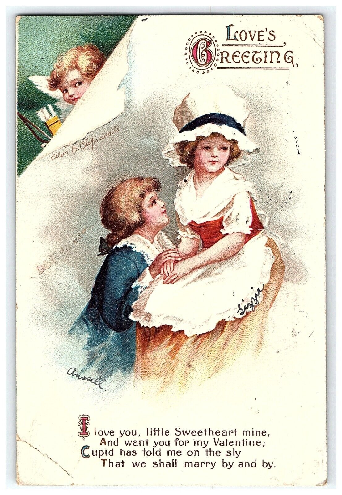 1915 Postcard Clapsaddle Ellen Greeting Valentine Love\'s Cupid Young Couple