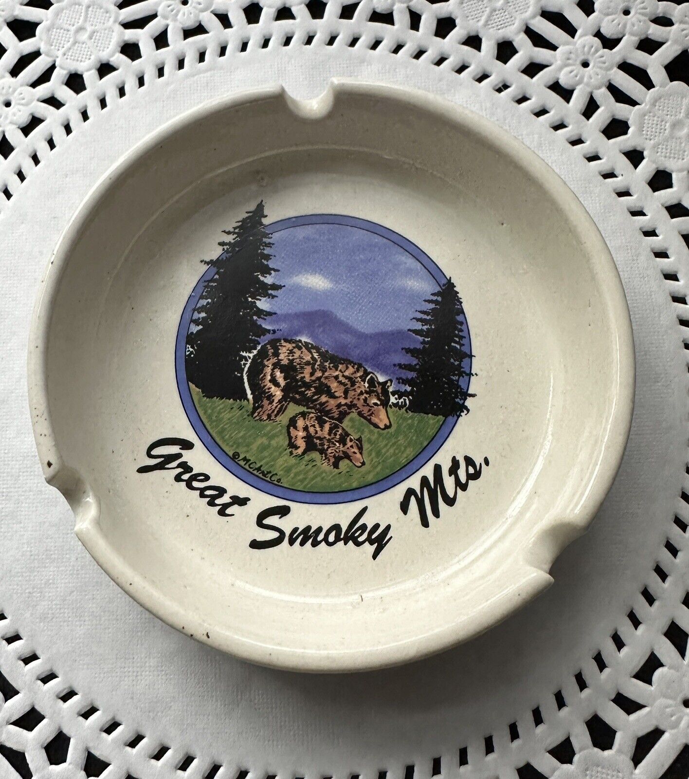 Vintage Great Smokey Mountains Ashtray Ceramic Stoneware Souvenir MC Art Co