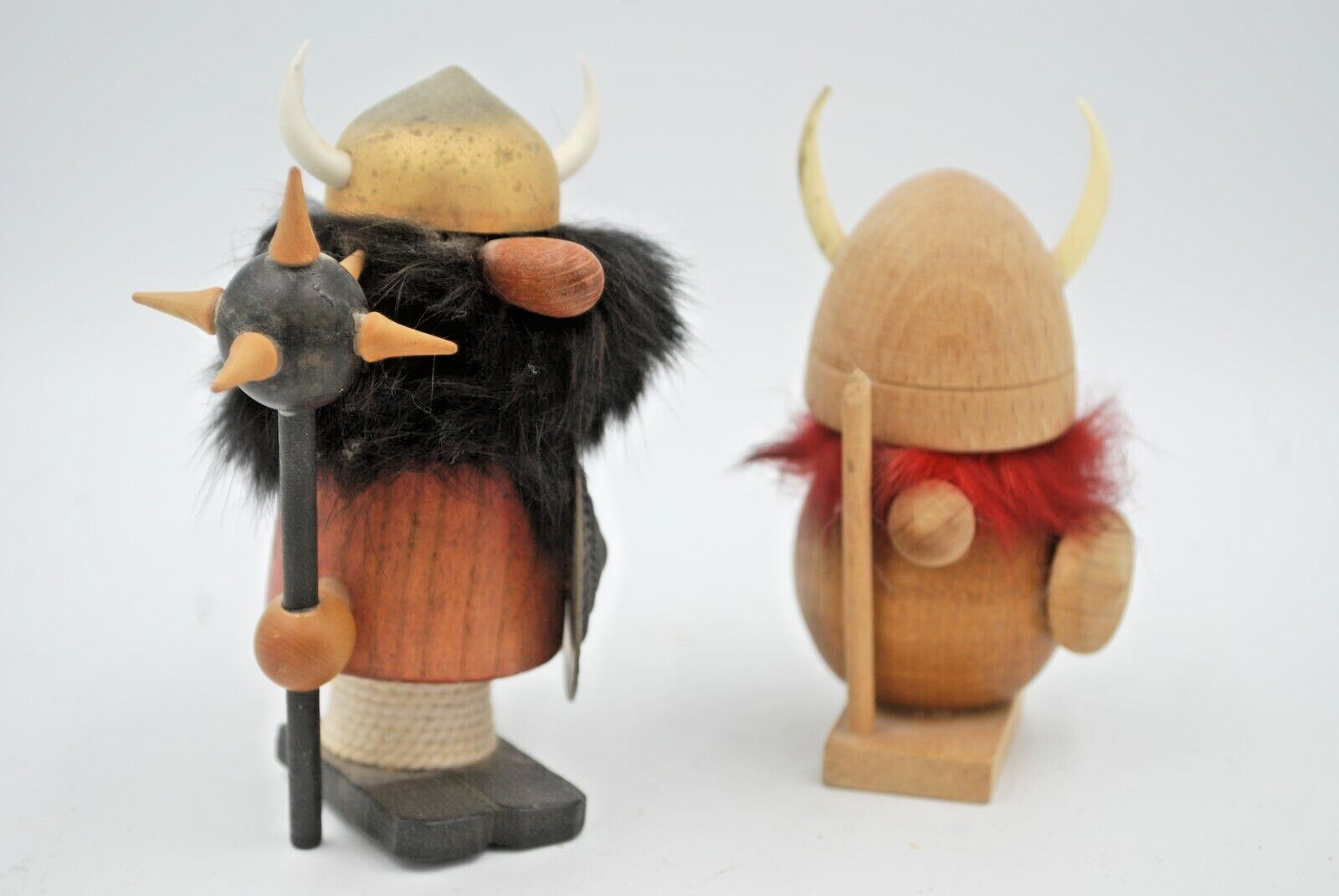 MCM Wooden Vikings, 2 Figures, Fur Trim, Horns, Shields, Denmark 4\