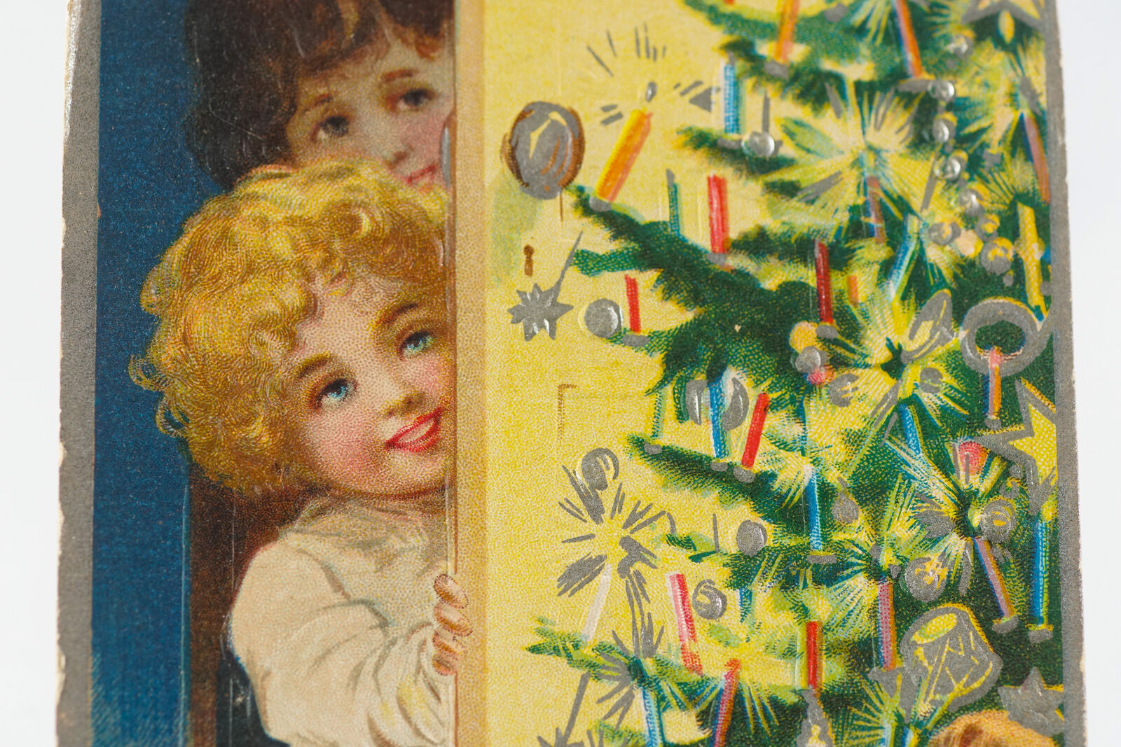 Beautiful Antique X-Mass Postcard, Embossed Children Christmas Tree Card
