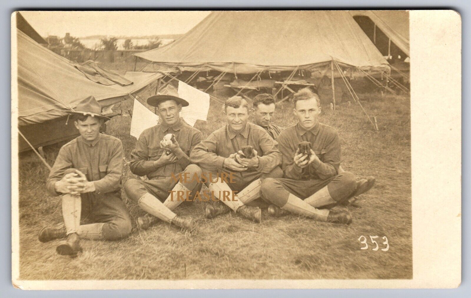 C.1918 RPPC WW1 5 SOLDIERS HOLDING 3 CUTE PUPPIES AT CAMP DOG PHOTO Postcard P51