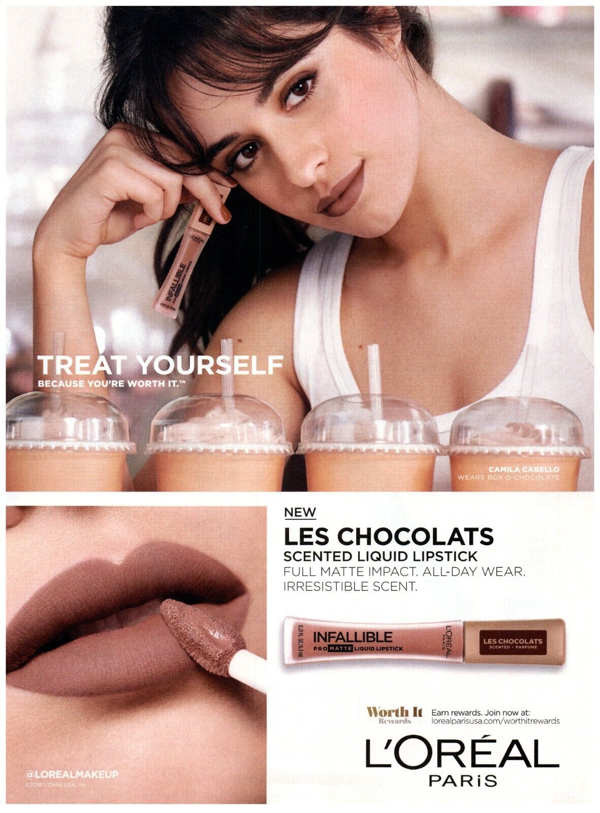 2018 L\'Oreal Makeup Print Ad, Camila Cabello Sexy Pinup Box O Chocolate Lipstick