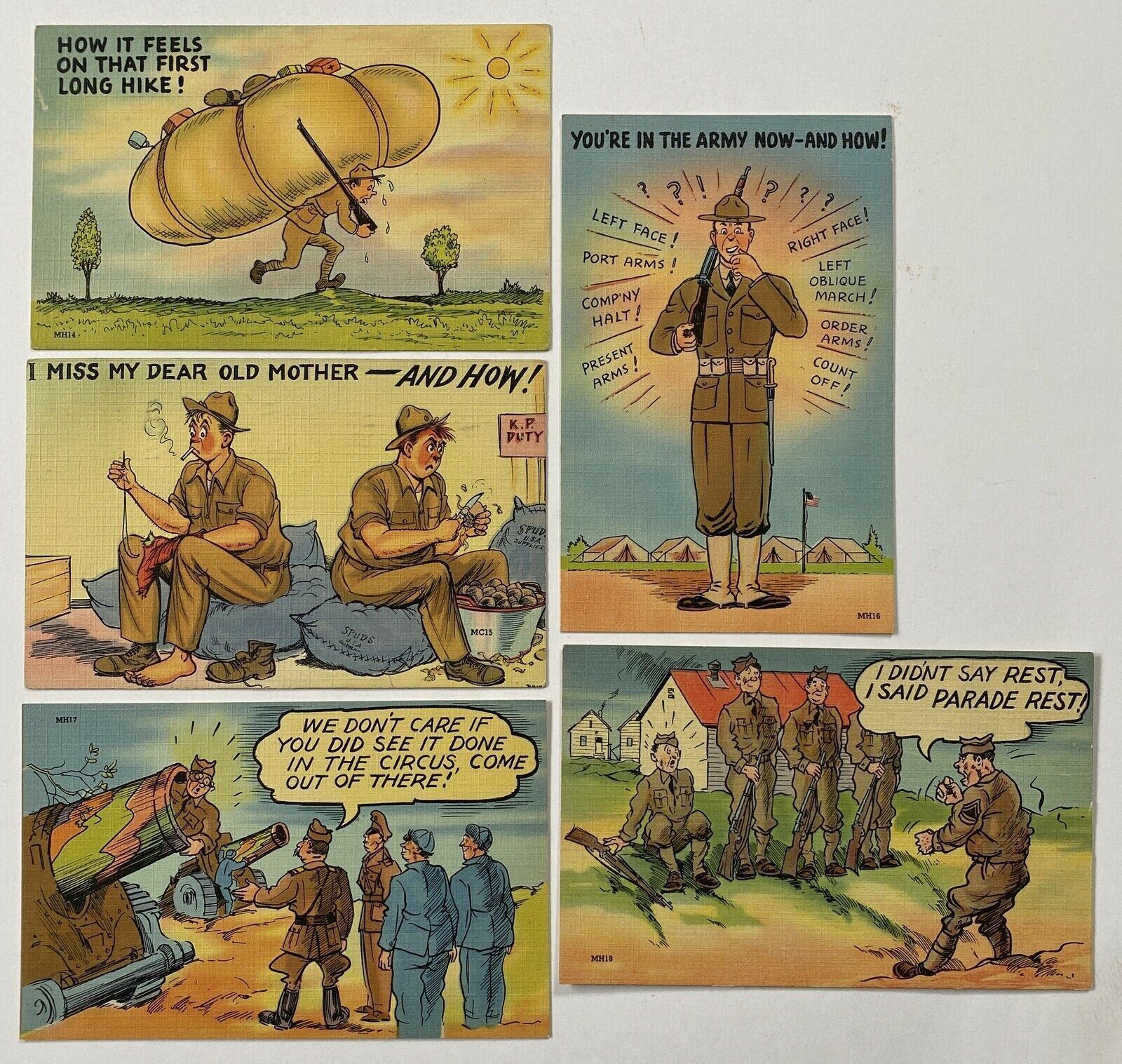 5 WWII MILITARY Comic Linen POSTCARDS Lot B