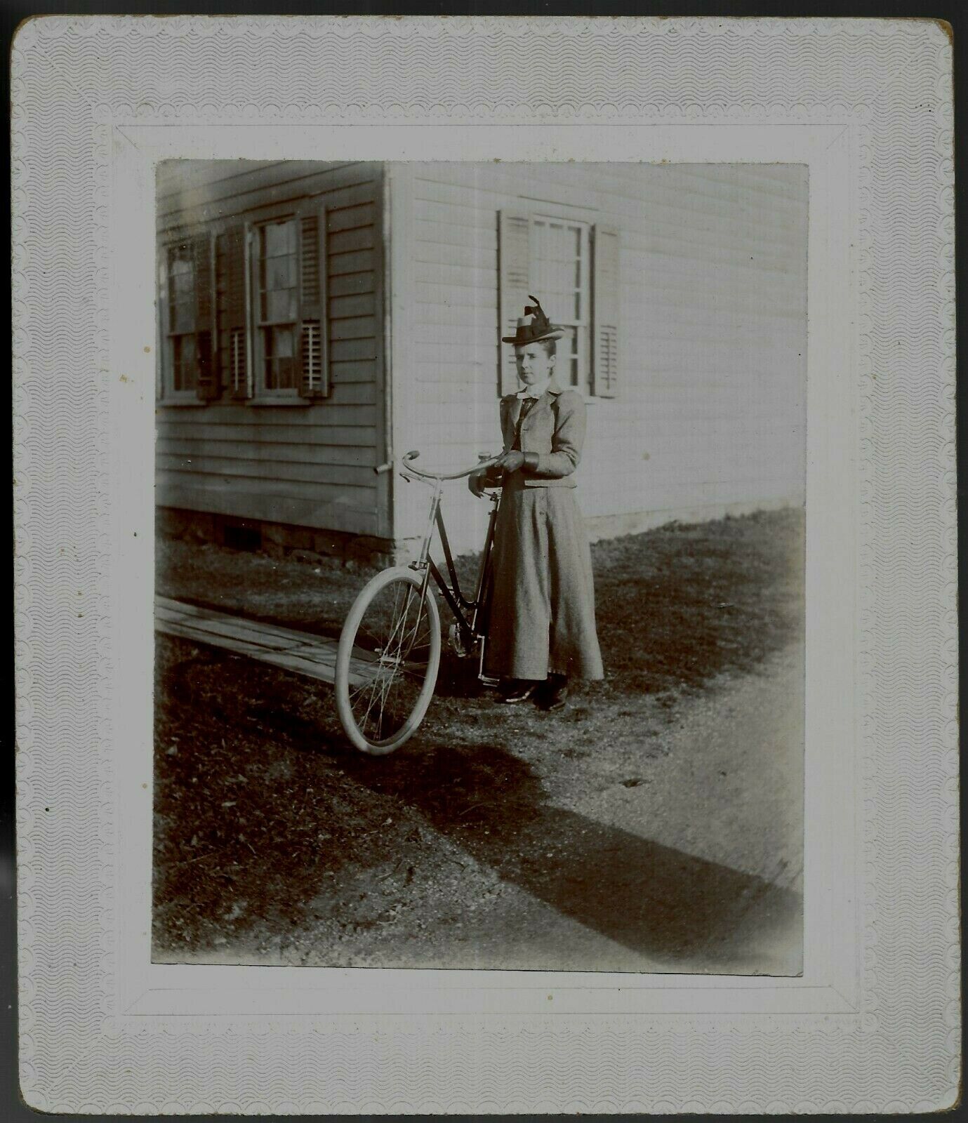 Vintage Cabinet Photograph / Lady in Hat Posing with Bicycle