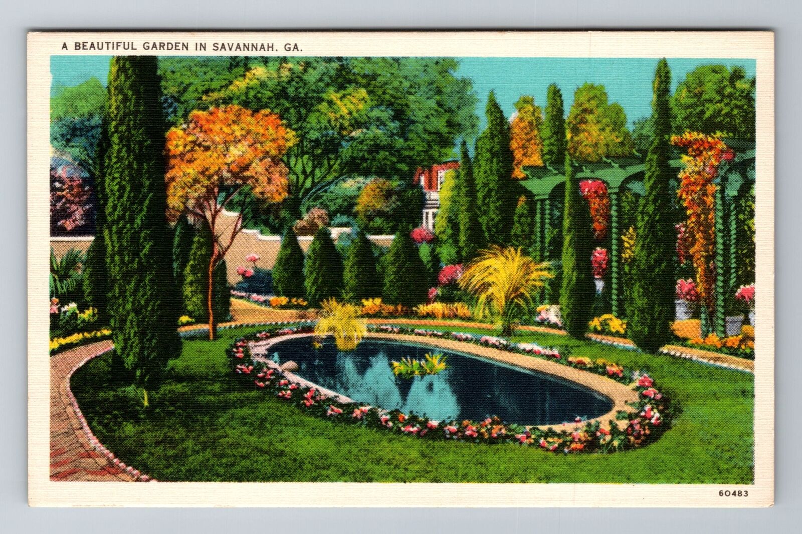 Savannah GA-Georgia, A Beautiful Garden, Antique, Vintage Souvenir Postcard