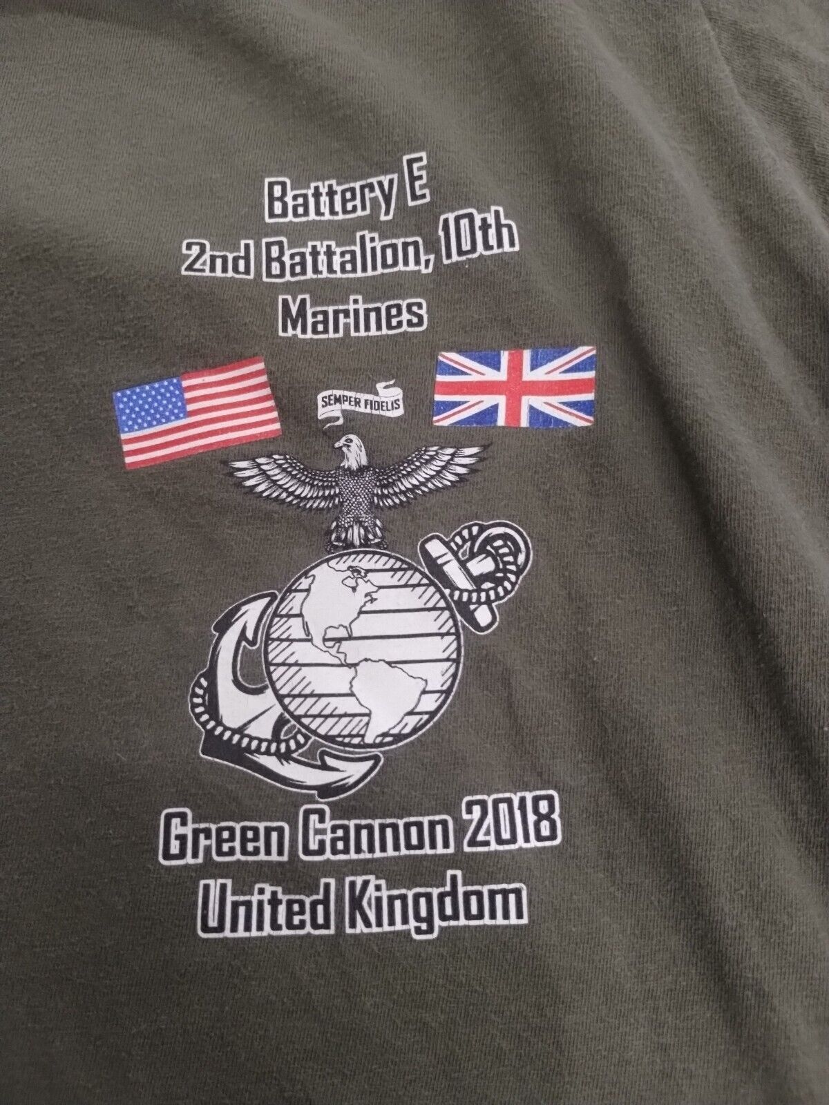 USMC Battery E 2nd Battalion 10th Marines Green Cannon UK Tshirt Green Sz M