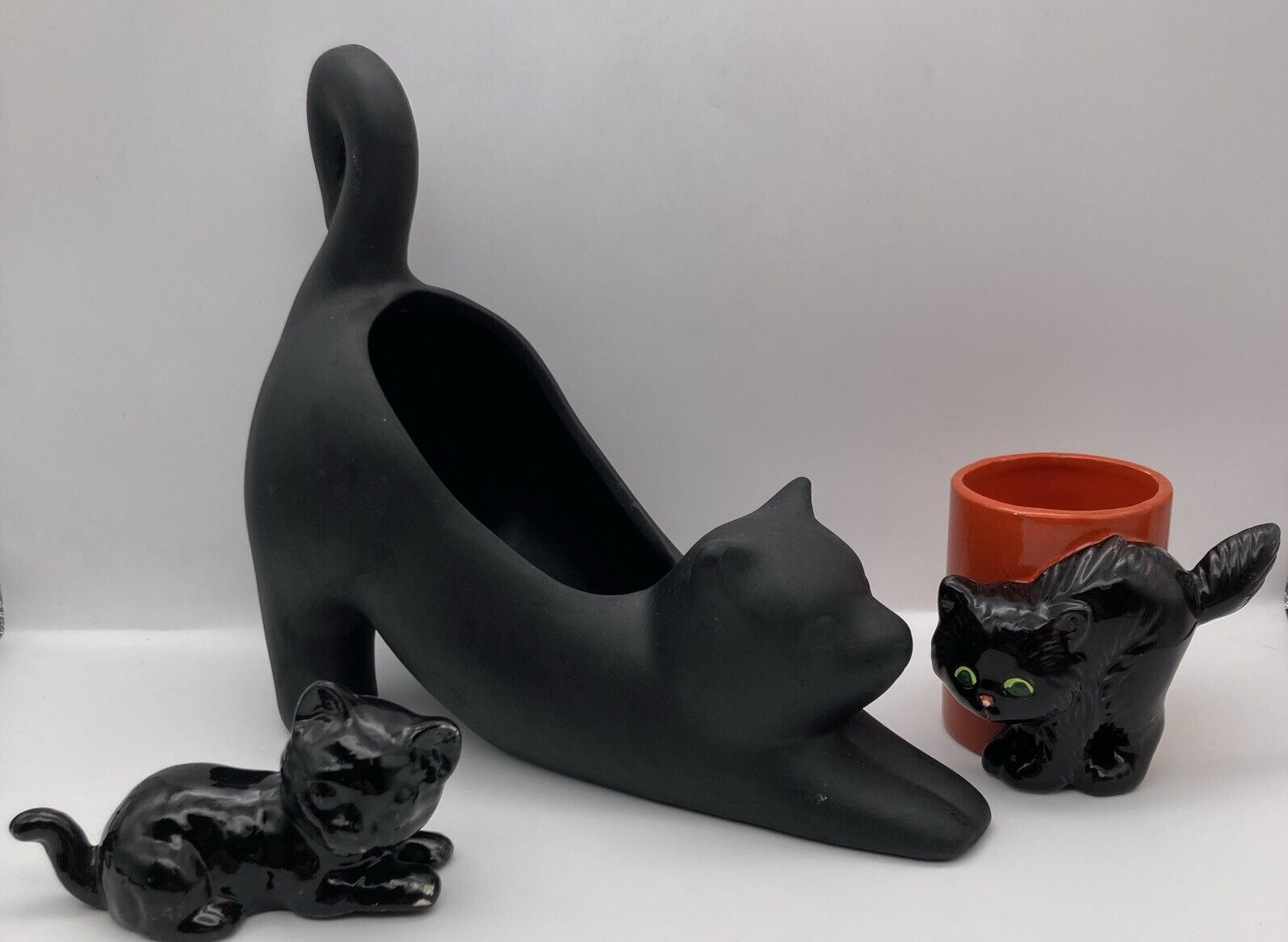 Lot Of 3 Black Cats Planter/Vase, Votive Holder, Figurine