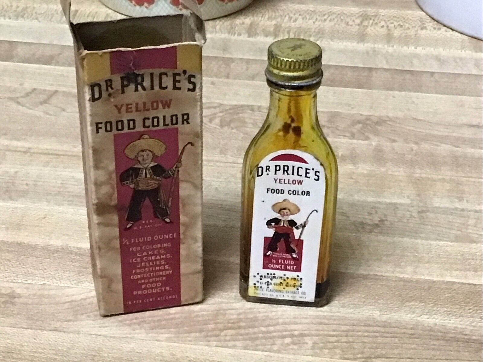 Vintage Dr. Price’s Yellow Food Color Bottle With Box, 1940’s