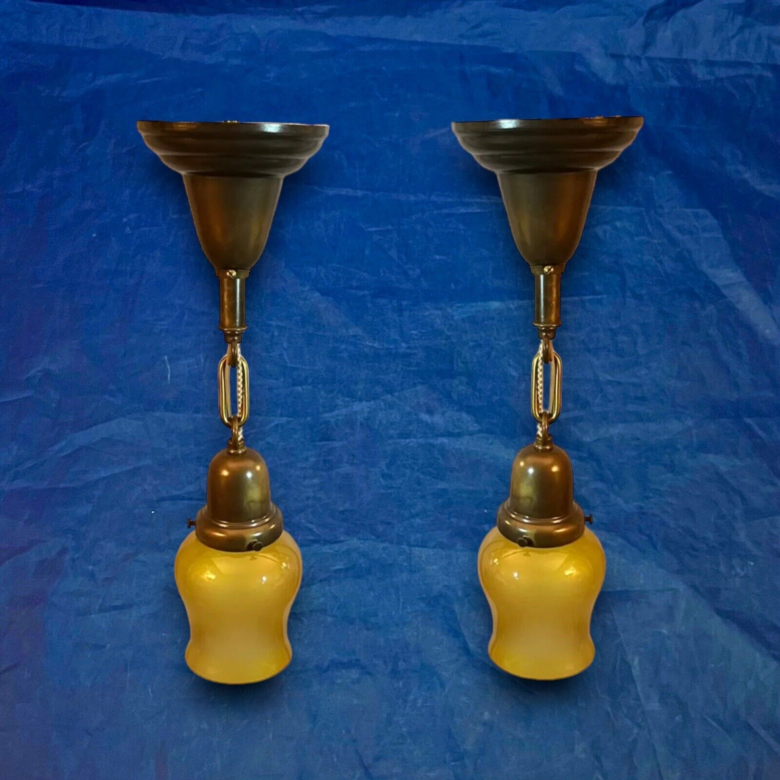 Wired Pair Brass Pendant Lights Fixtures Rare Honey Glass Shades 31G