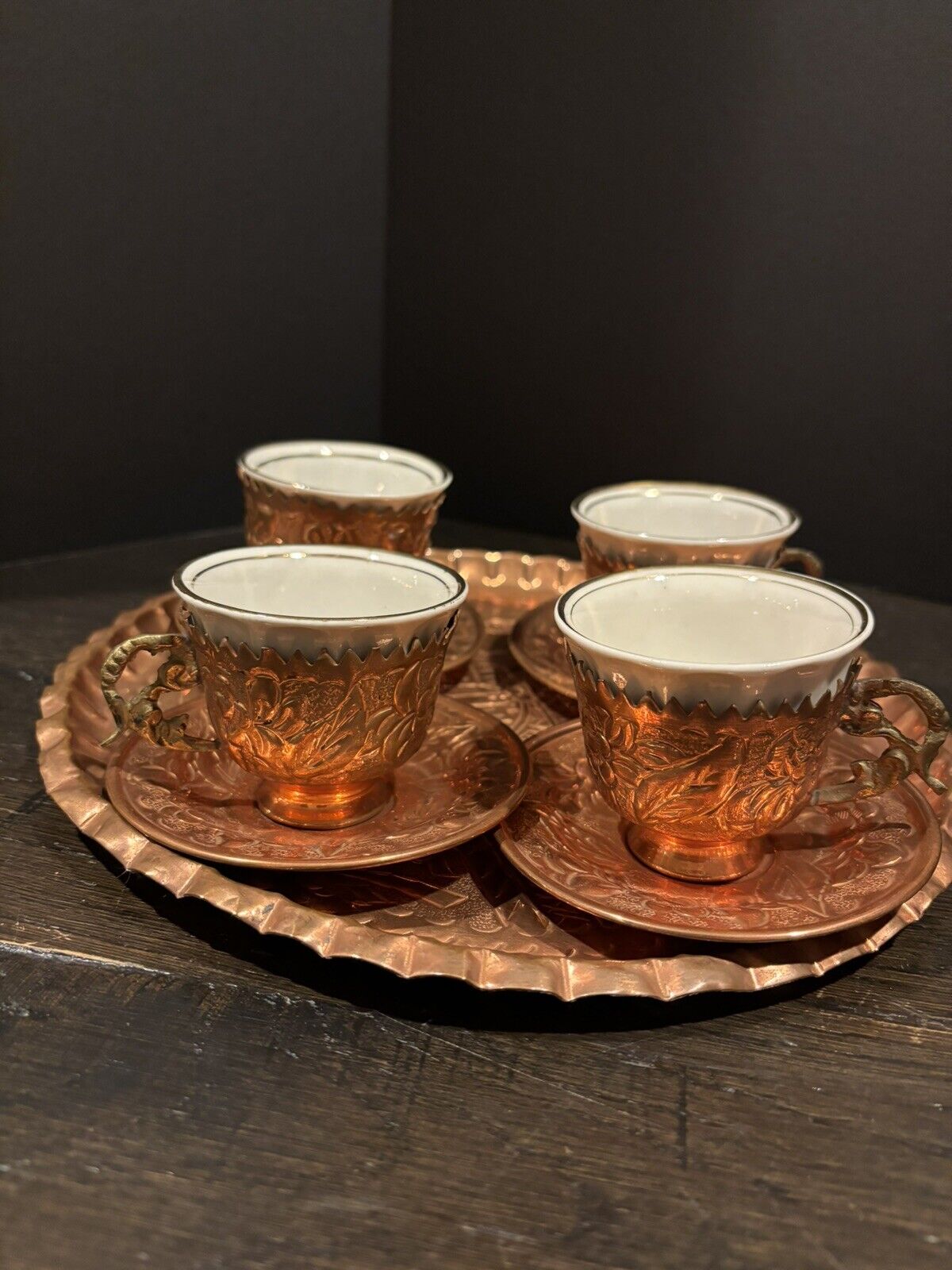 Vtg Ayasofia Copper Plate And 4 Teacups From Turkey