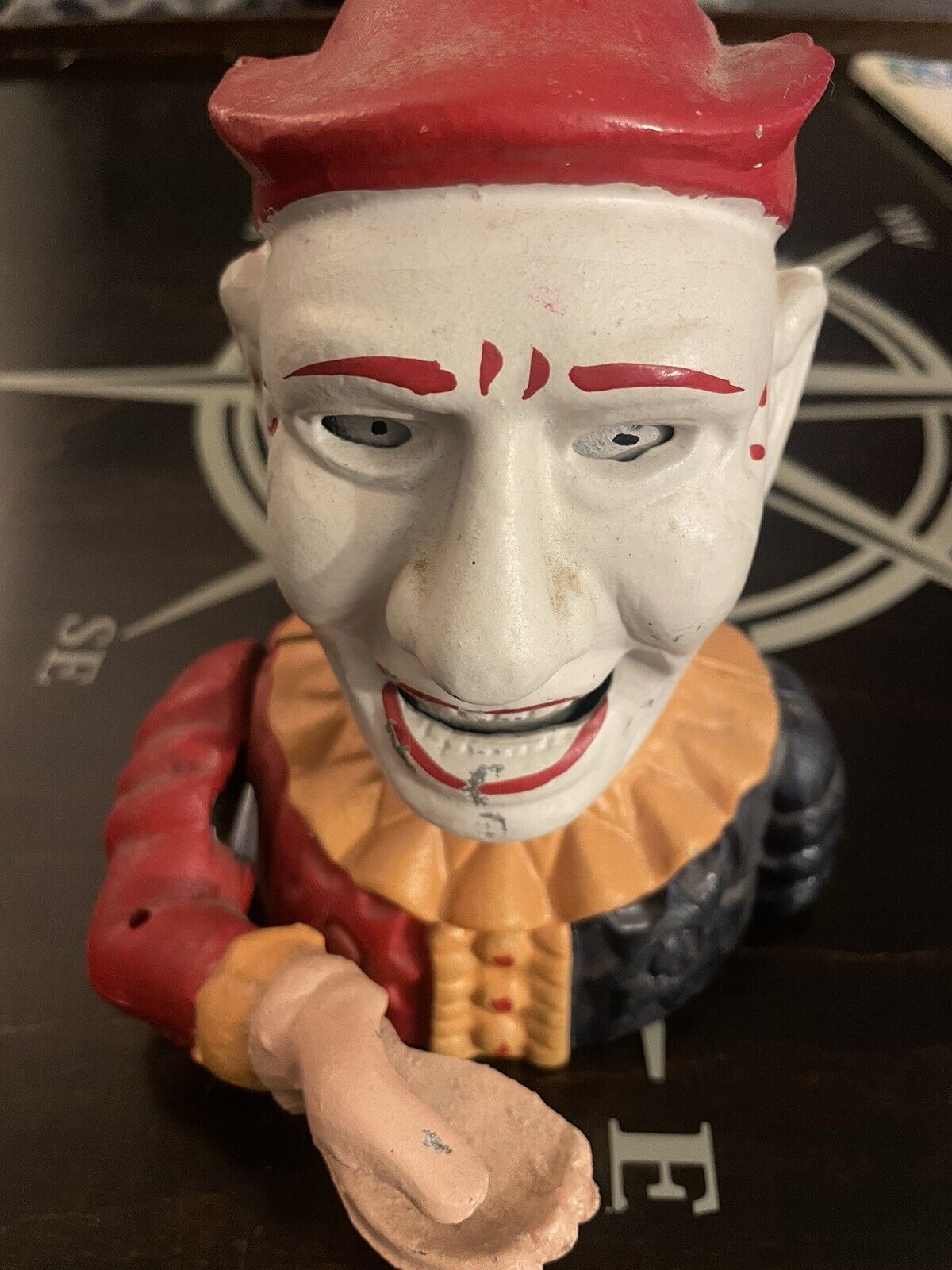 Vintage Reproduction Cast Iron Jester Clown Mechanical Metal Coin Bank 6.5\