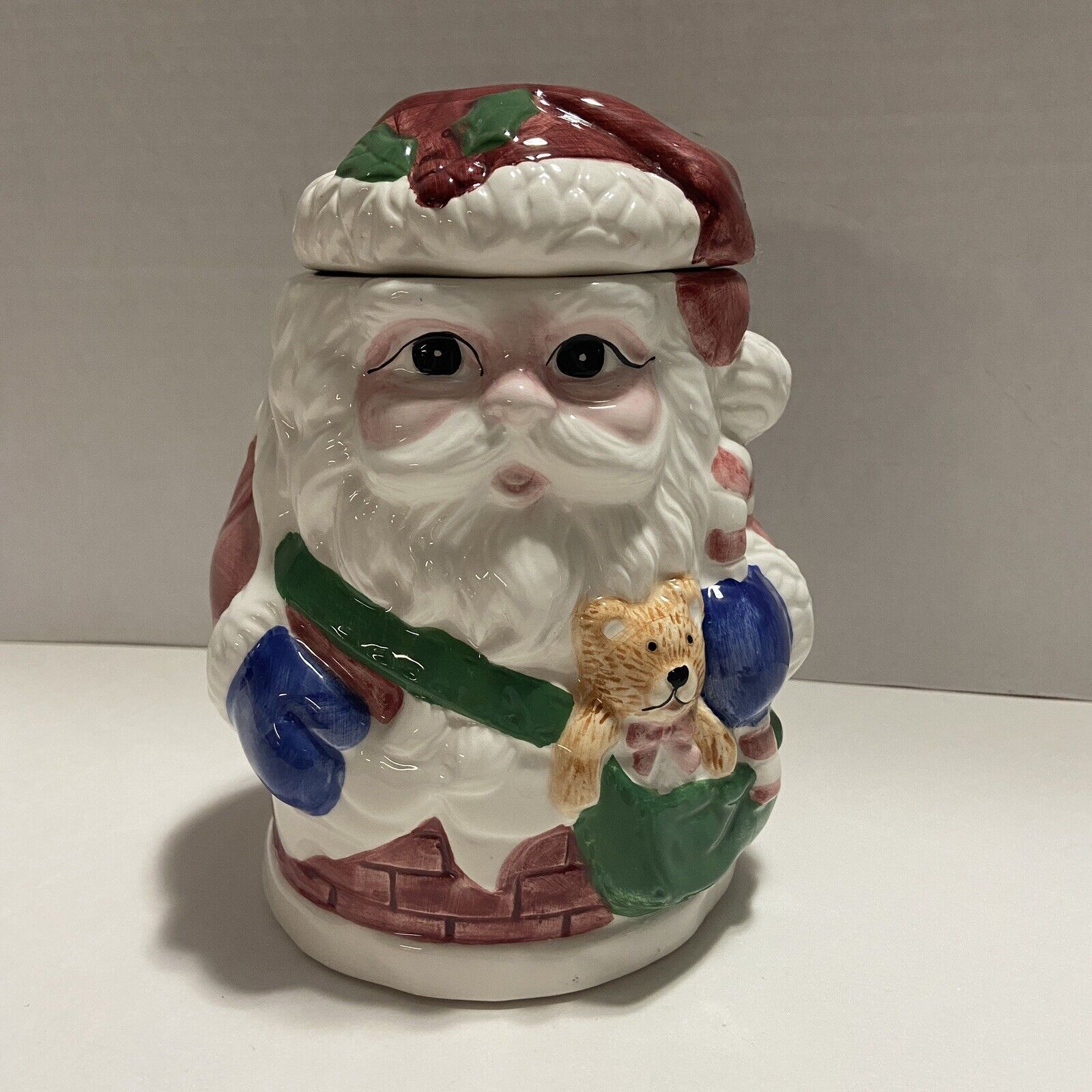 Santa Claus Ceramic Christmas Cookie Jar with Bag of Toys 7” Tall