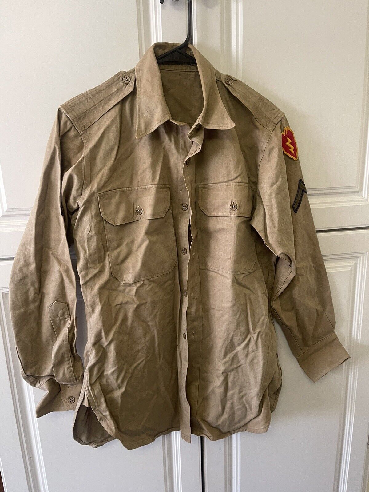 WWII Khaki Cotton Twill Shirt With Original Patches 