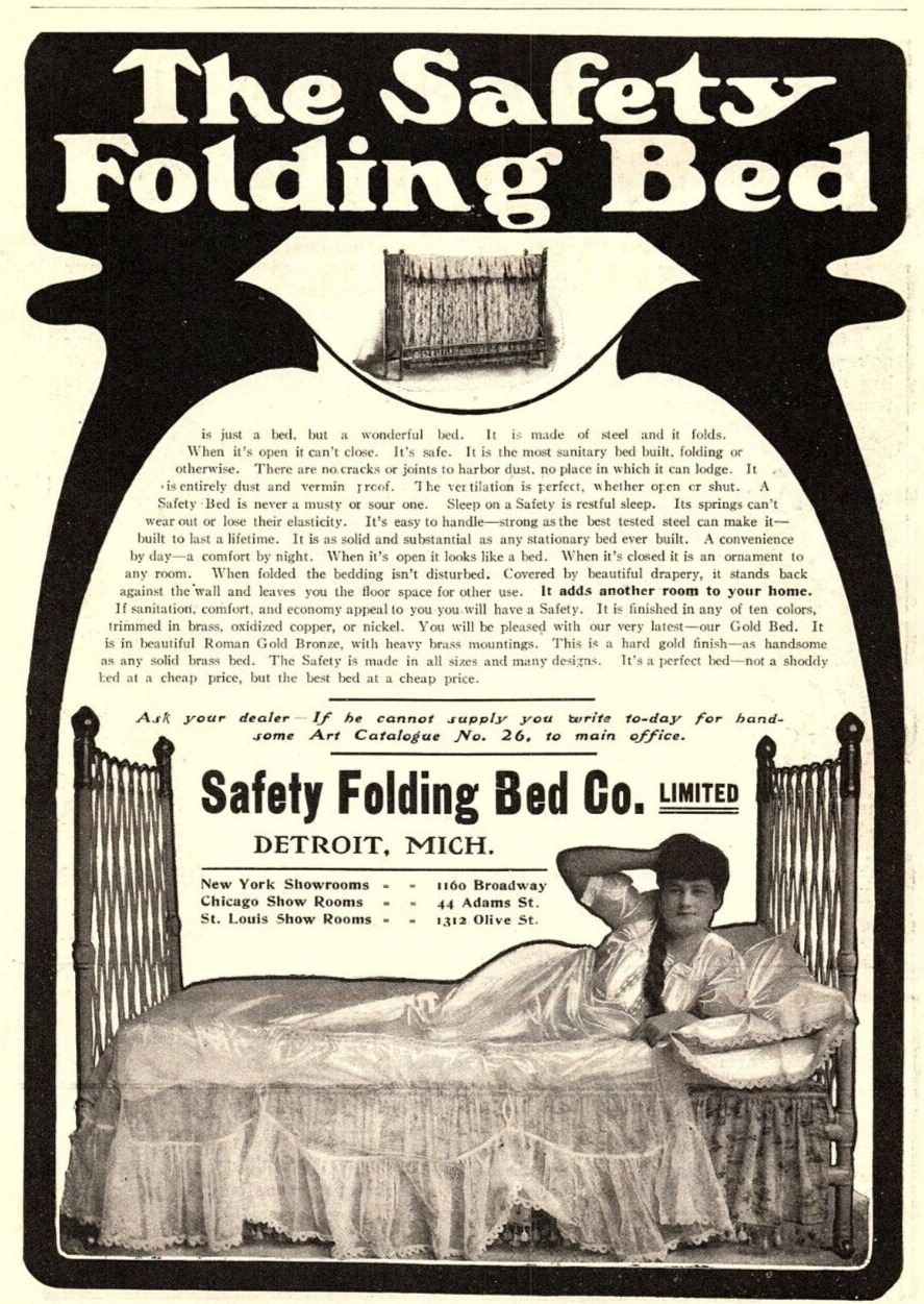 c1906 THE SAFETY FOLDING BED DETROIT MICHIGAN VINTAGE ADVERTISEMENT Z1049