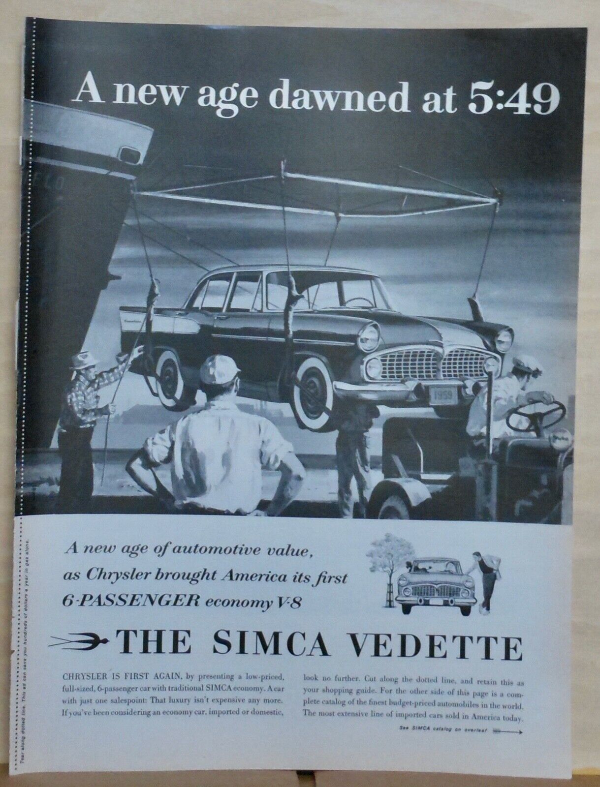 1959 magazine ad for Simca - imported by Chrysler, Simca Vedette